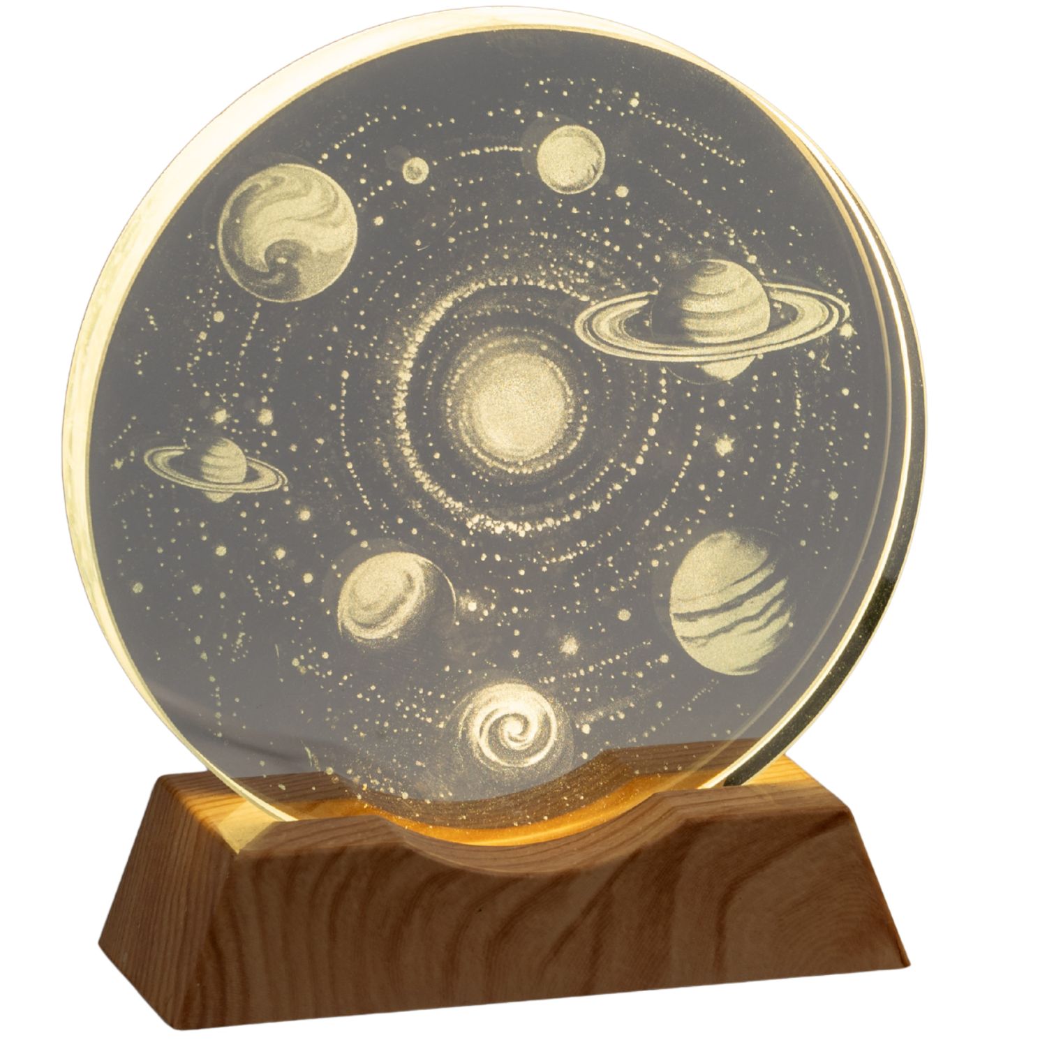 LED Deko Licht Kristalldiskus Planeten 11cm Glas + Holz Formano