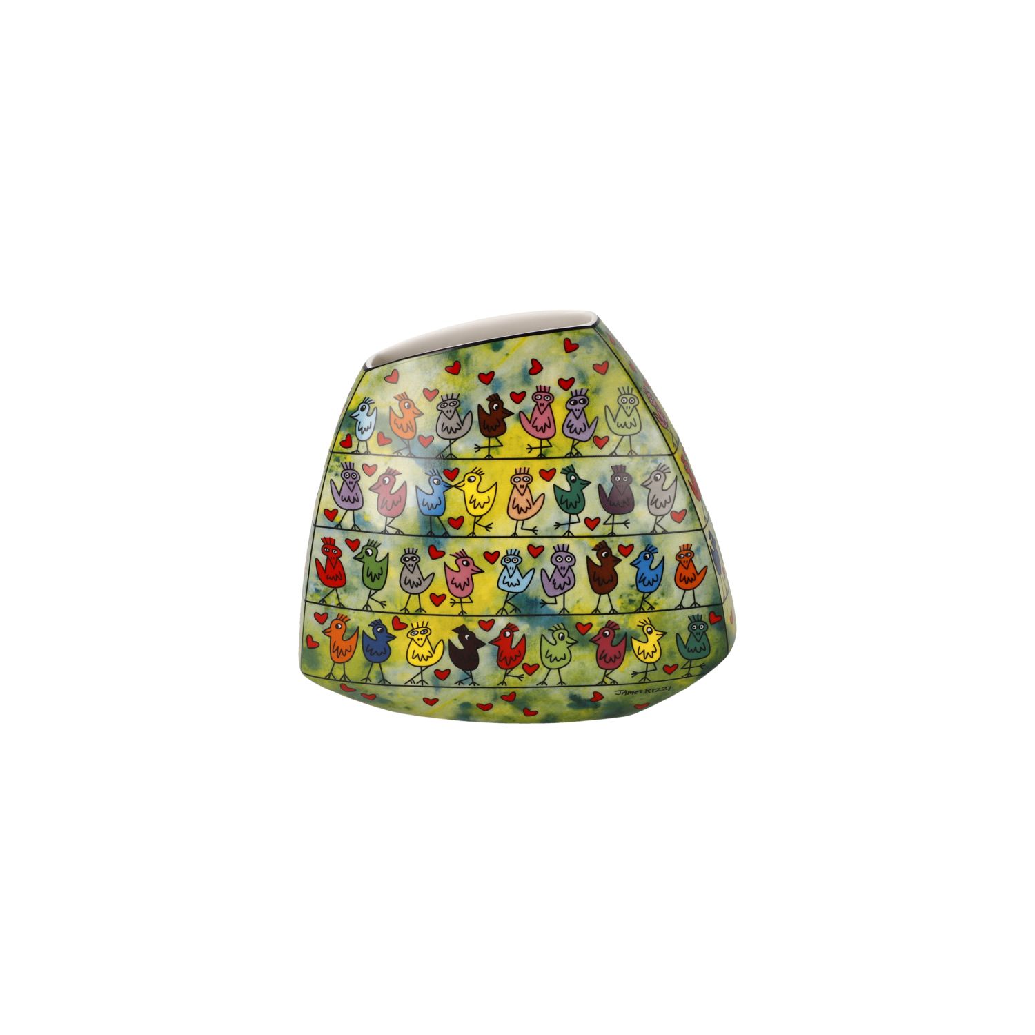 Bunte dreieckige Vase mit Reihen kleiner Hühner und roten Herzen auf grünem Hintergrund