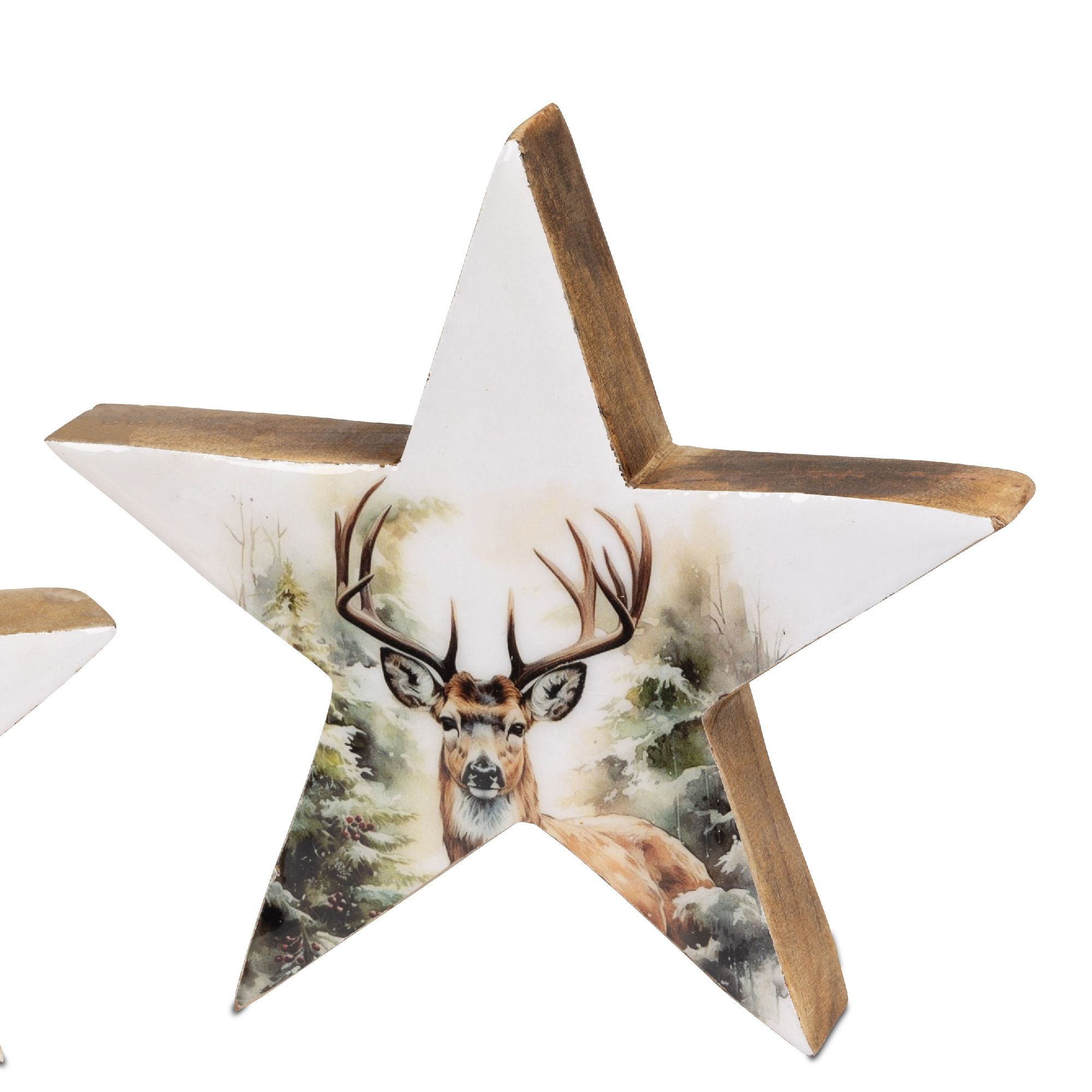 Dekorativer Stern aus Holz mit einem Bild eines Rehs und einer Waldlandschaft im Hintergrund. Farbli