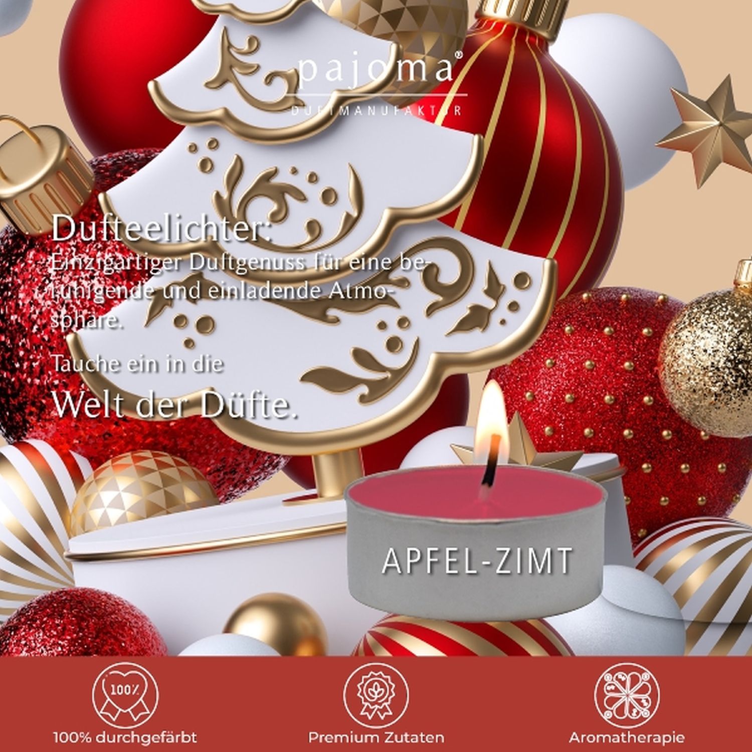 Kerze in grauem Behälter mit rotem Wachs und Weihnachtsdekoration im Hintergrund