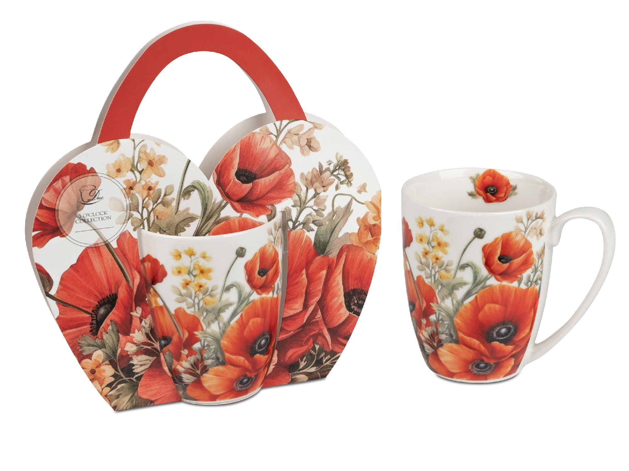 Ein Set aus zwei Tassen mit blühenden Mohnblumen auf einem dekorativen Karton in Herzform.