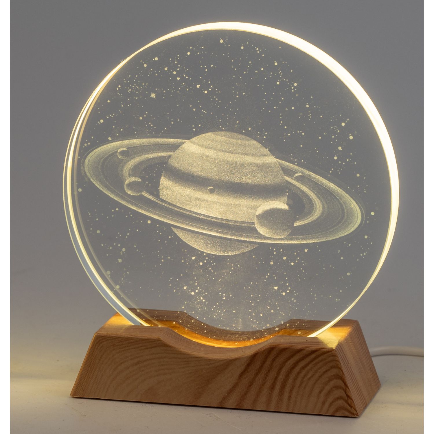 LED Deko Licht Kristalldiskus Scheibe Saturn H. 10cm Glas + Holz Formano