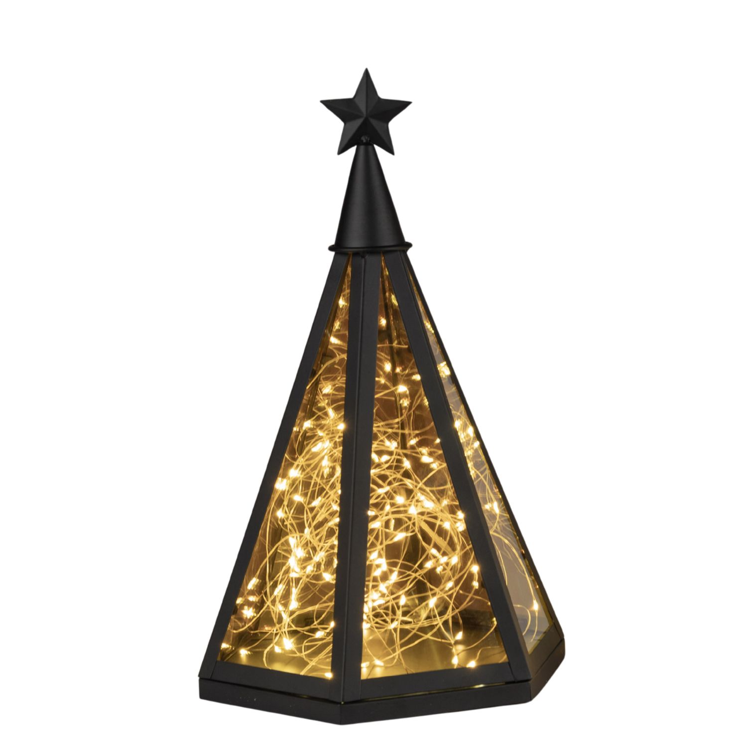 Schwarze pyramidenförmige Laterne mit Sternspitze und warm leuchtender Lichterkette