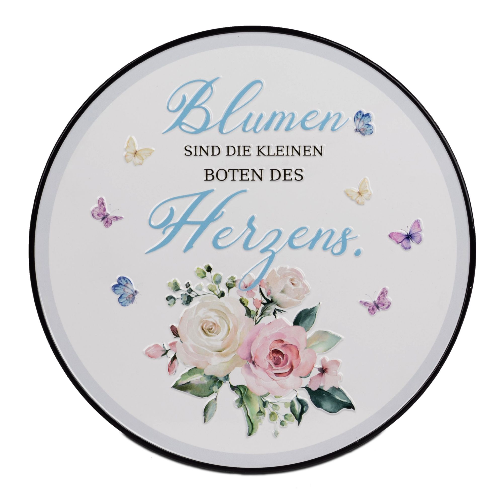 Runde Dekoration mit dem Text „Blumen sind die kleinen Boten des Herzens“ und einer floral gestalteten Illustration.