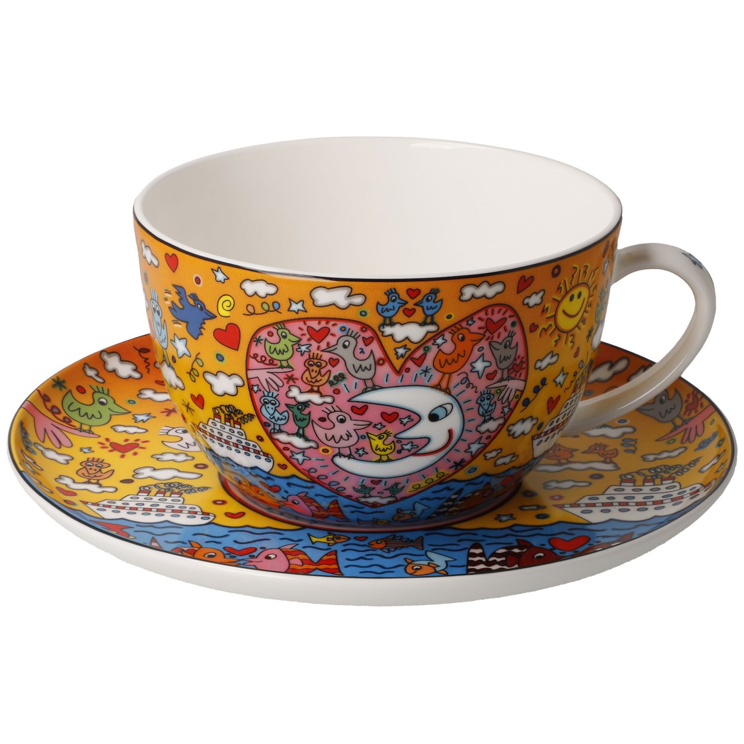 Bunte Teetasse mit Untertasse, Comicmuster mit Herz, Wolken, Sonne und Vögeln auf Orange
