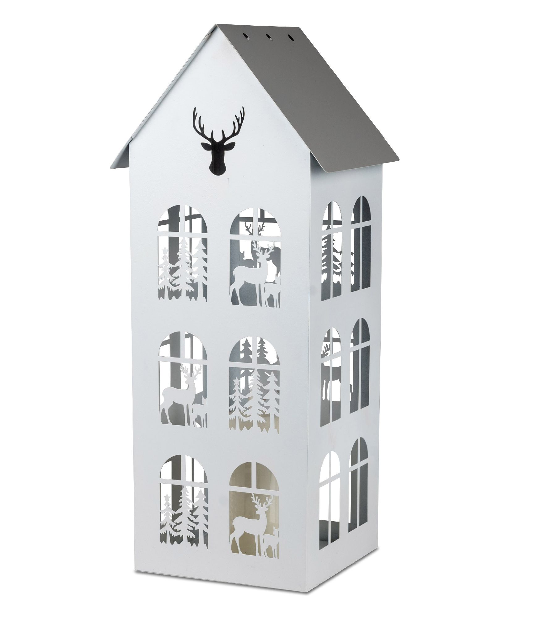 Dekorative Laterne in Form eines Hauses, aus weißem Metall mit durchbrochenen Fenstern und einem Gew