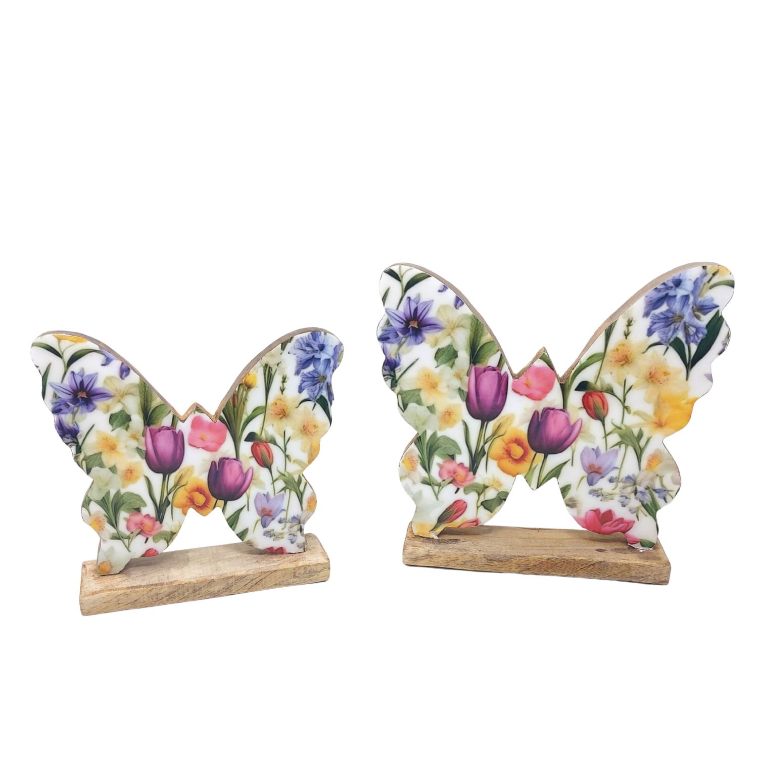 Zwei dekorative Schmetterlinge aus Holz mit bunten Blumenmustern