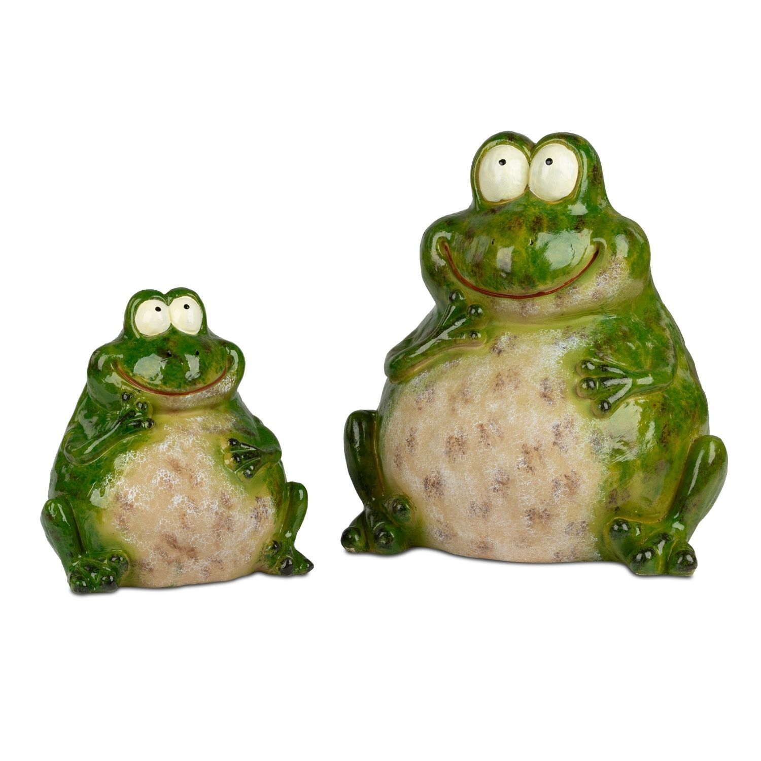Zwei bauchige grüne Froschfiguren mit großen Augen vor weißem Hintergrund