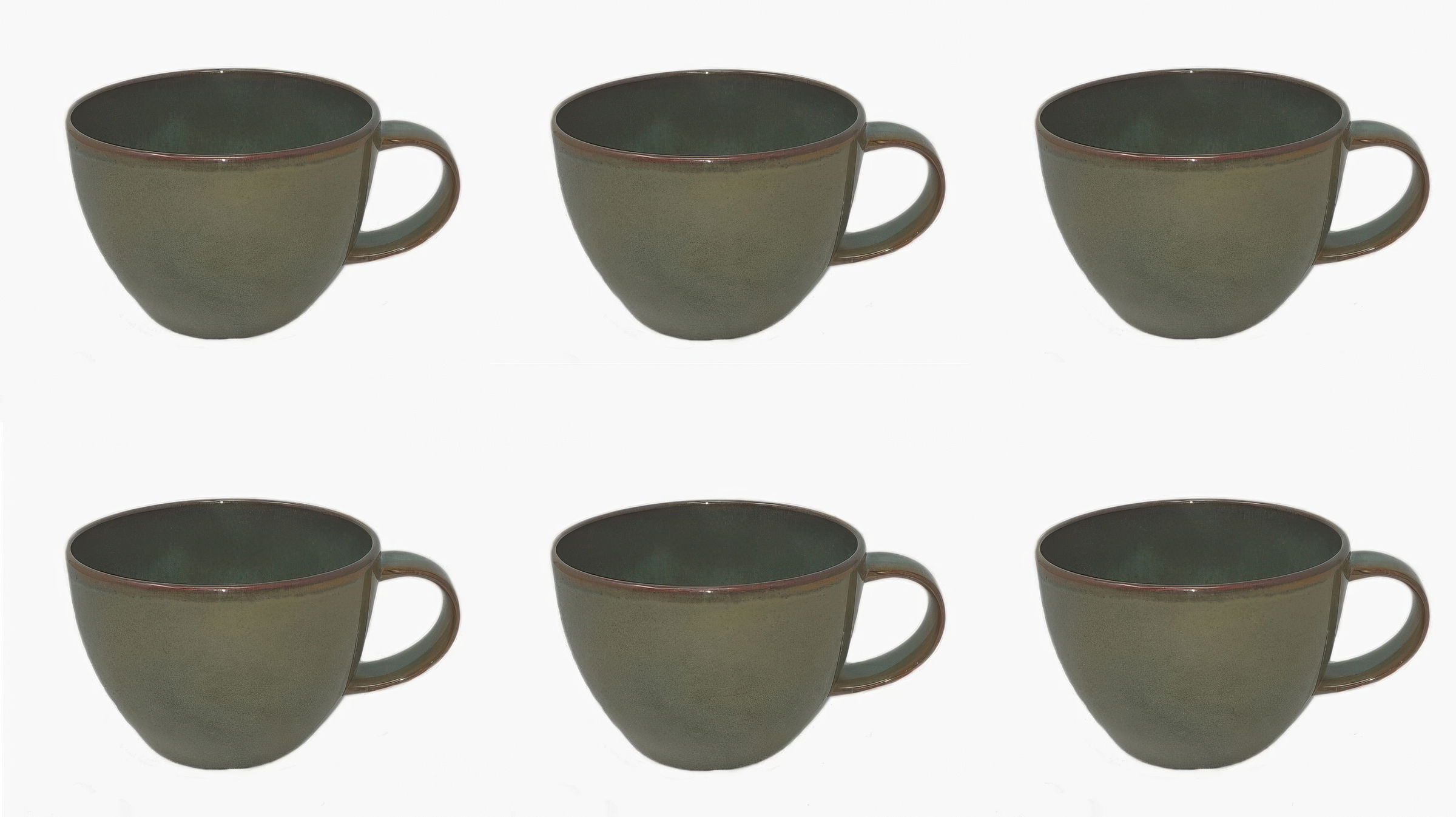 Sechs grüne Tassen mit Henkel, gleichmäßig angeordnet auf weißem Hintergrund.