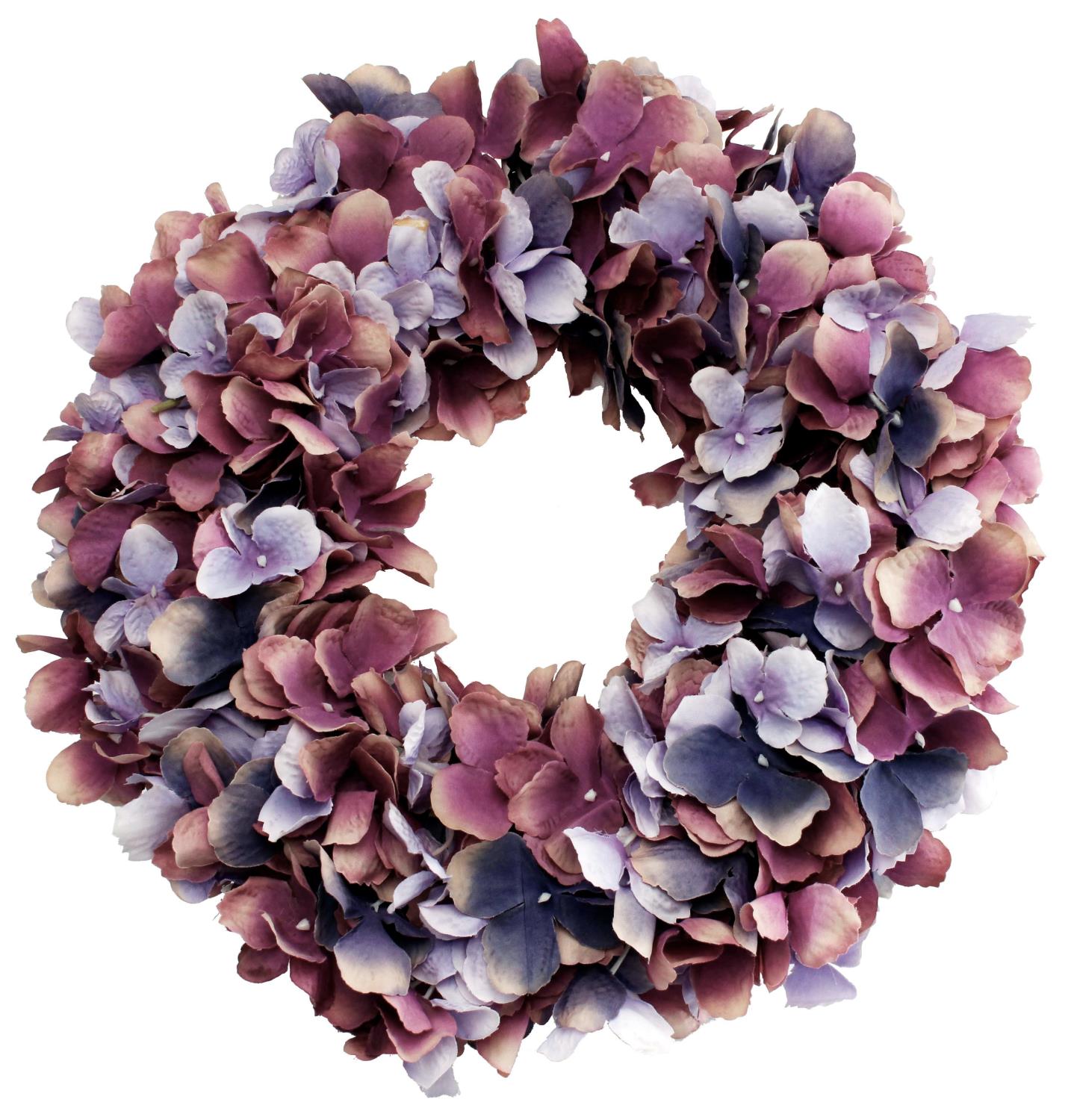 Runder Kranz aus bunten, getrockneten Blüten in Lila- und Rosatönen mit einer offenen Mitte.