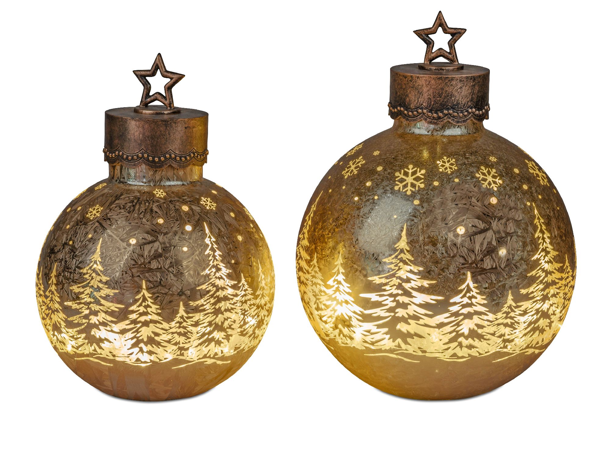 2 große LED Dekoobjekte Weihnachtskugeln FROSTY WINTERWALD gold verschiedenen Größen