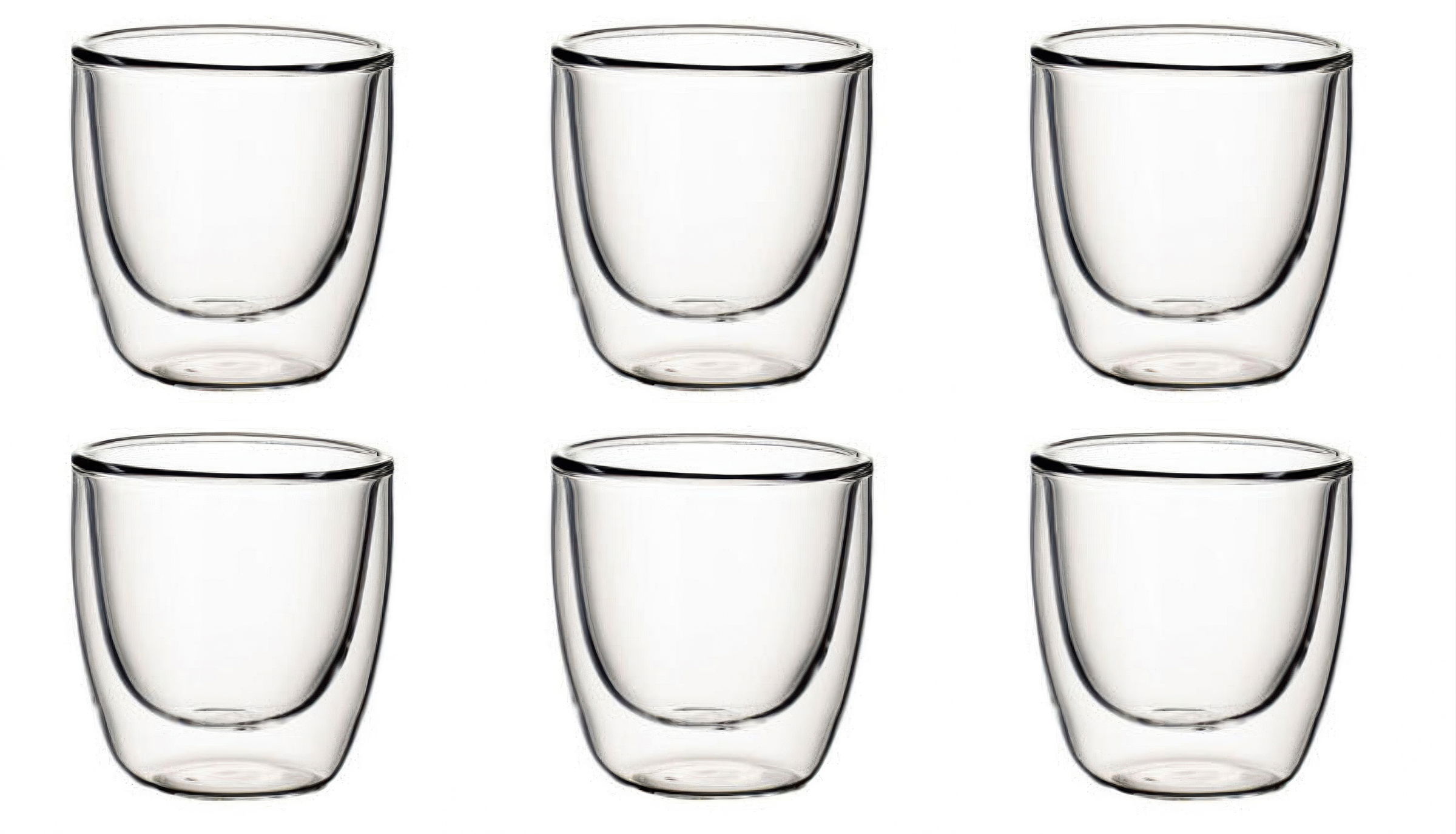 Sechs transparente Gläser in zwei Reihen angeordnet, mit runder Form und leichtem Rand.