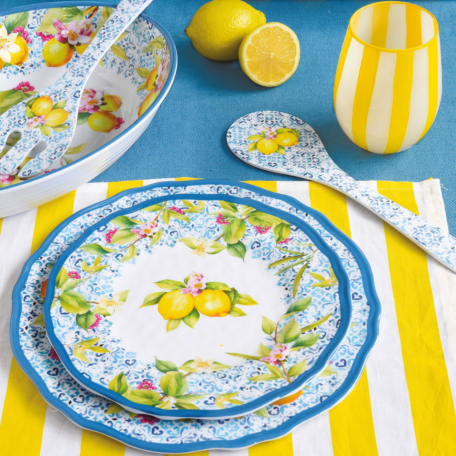 6er Set Frühstücksteller ISCHIA Zitronen 23cm weiß blau gelb Melamin Easy Life