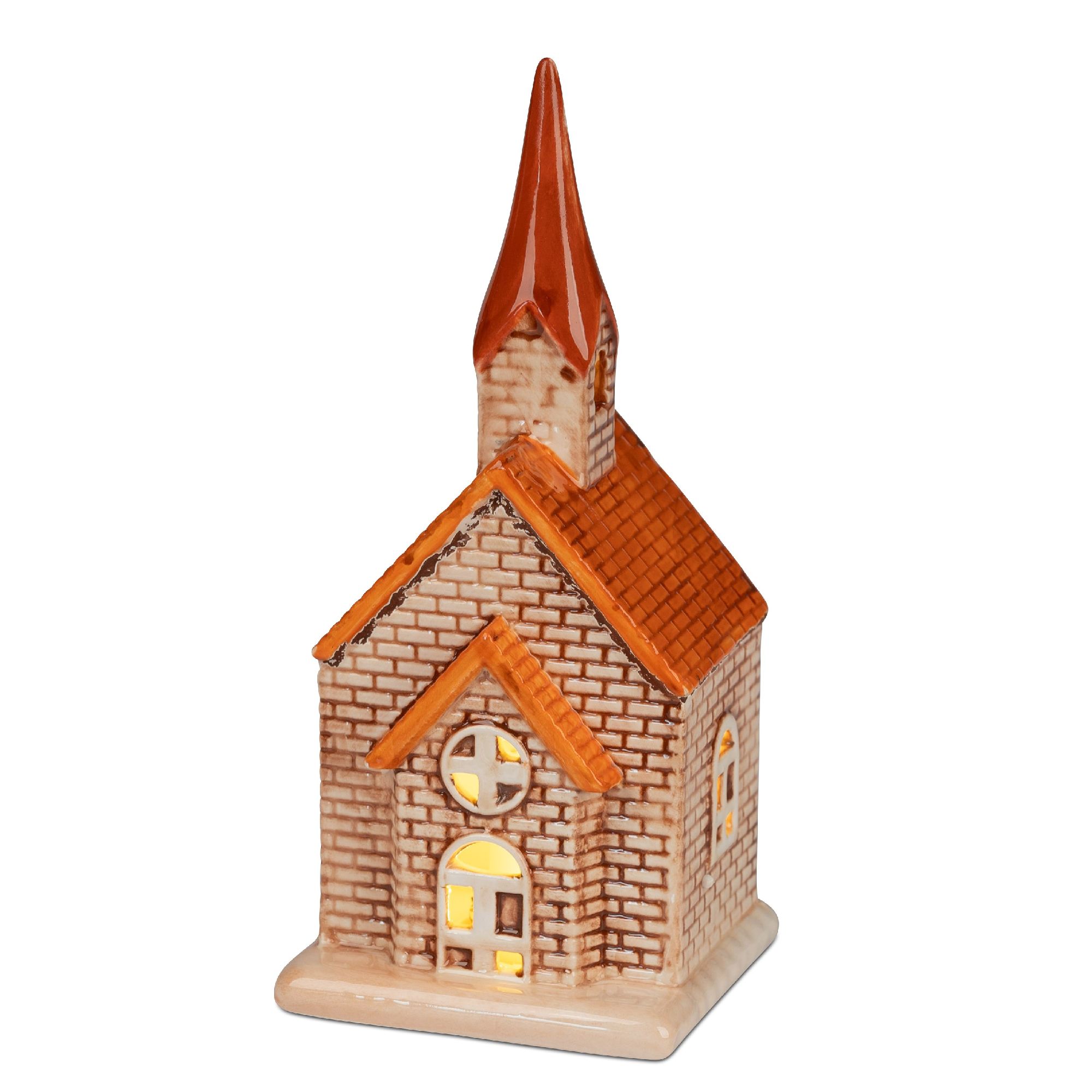 Keramisches Modell einer Kirche mit spitzem Dach und Fenstern, in warmen Farben gehalten. Beleuchtet