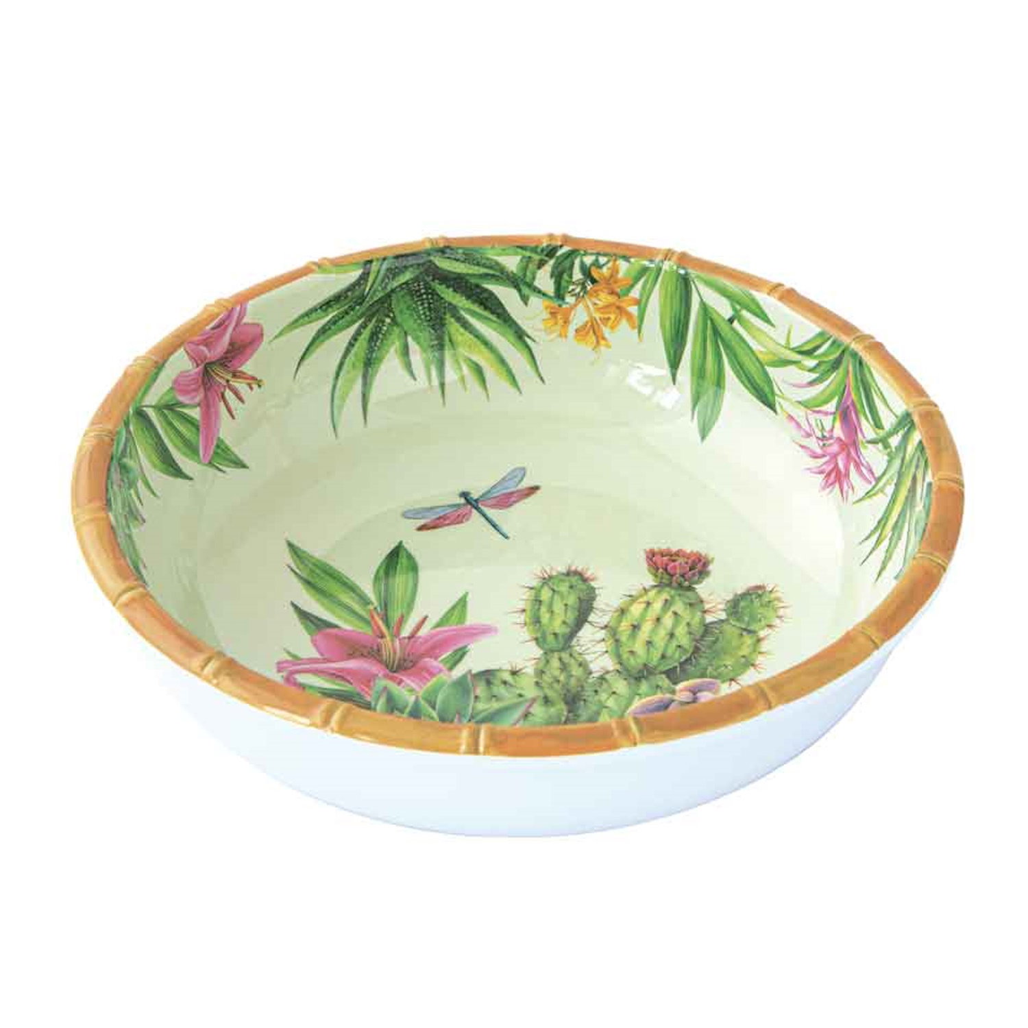 Schüssel mit buntem Pflanzen- und Blumenmuster, innen hellgrün, Rand aus Bambusoptik, außen weiß.