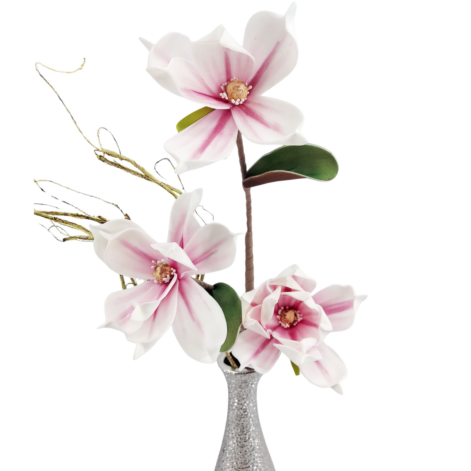 Vase mit drei rosa-weißen Blüten und grünen Blättern vor weißem Hintergrund
