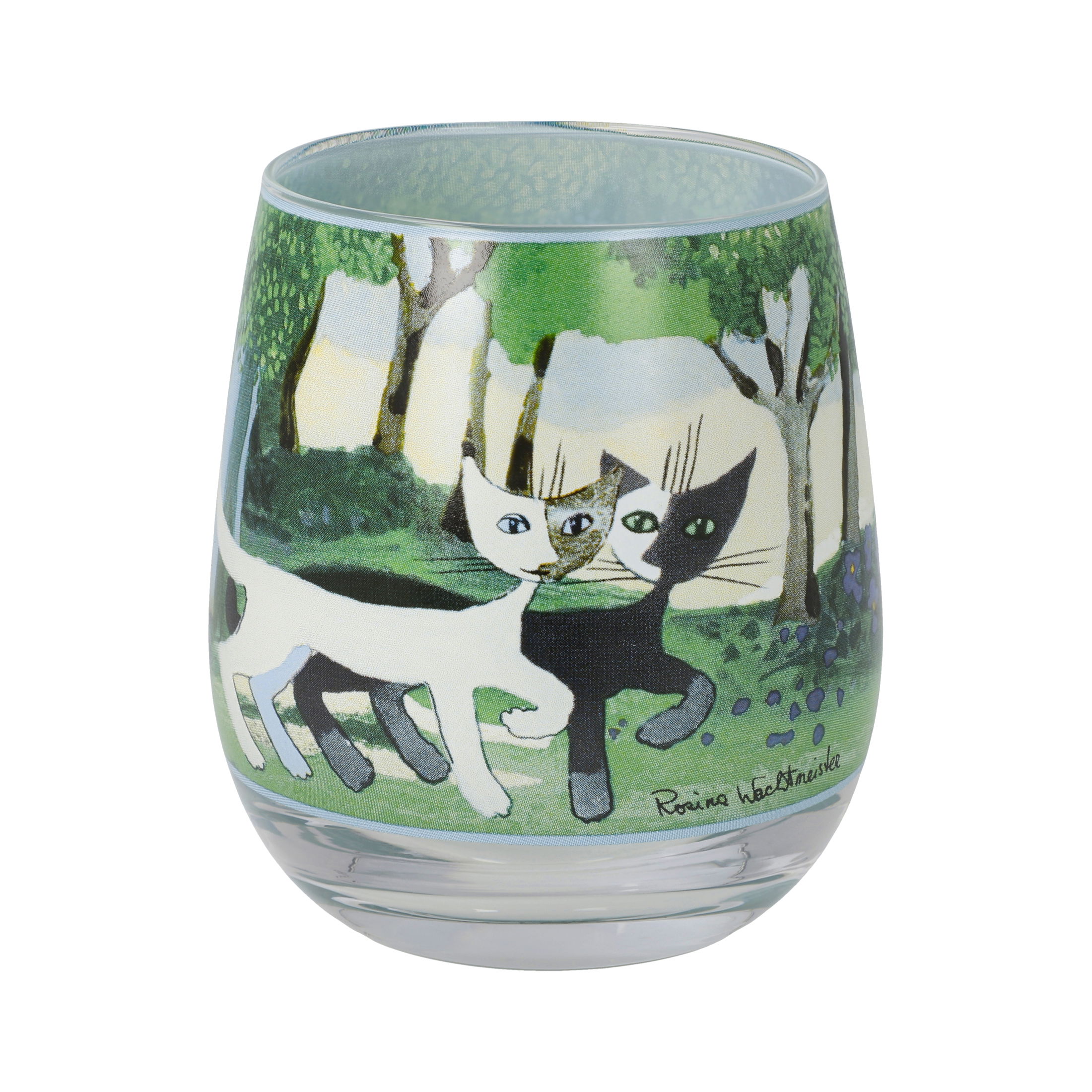 Ein Glas mit buntem Katzenmotiv, das eine weiße und eine schwarze Katze in einer grünen Landschaft zeigt.