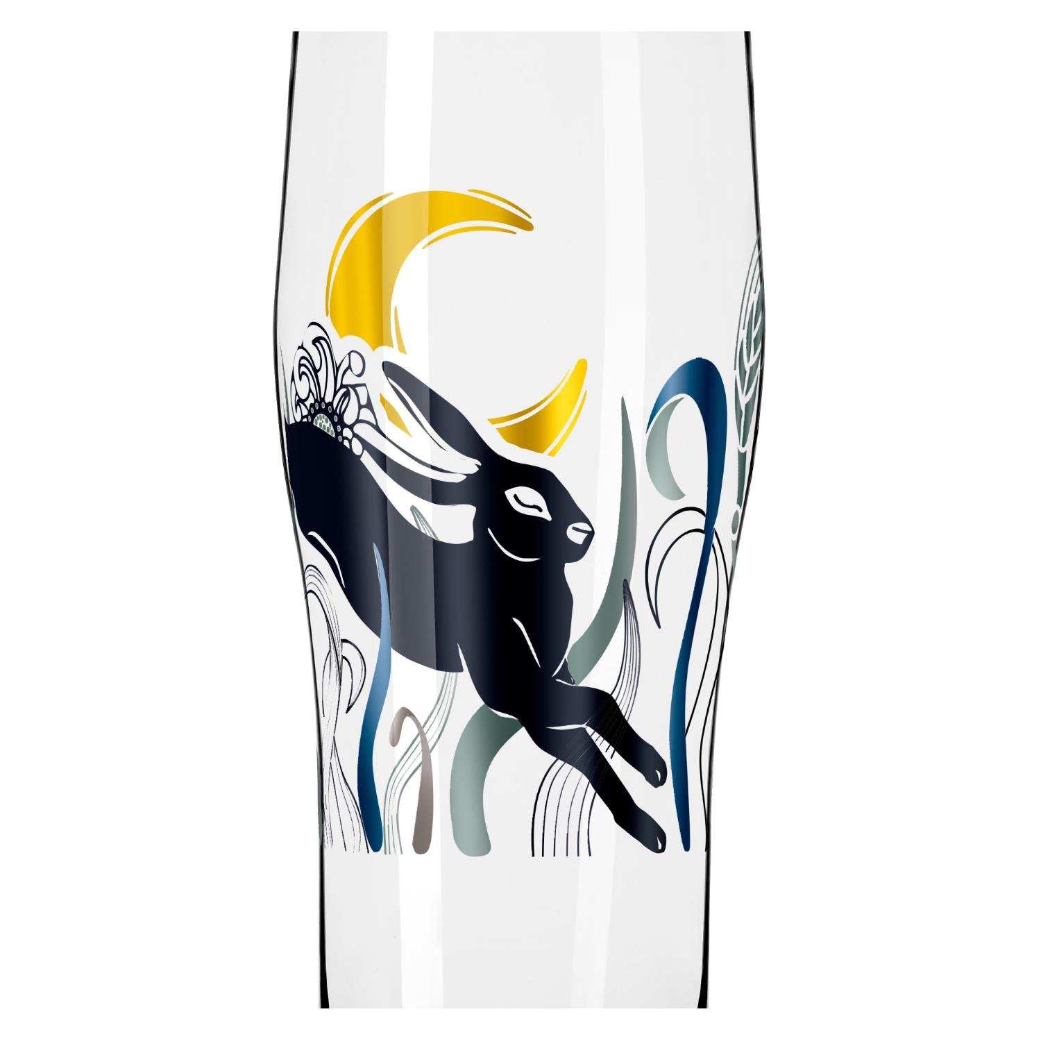 Ein transparentes Glas mit einem schwarzen Hasen, der springt, umgeben von bunten, geschwungenen Linien und einem gelben Halbmond.