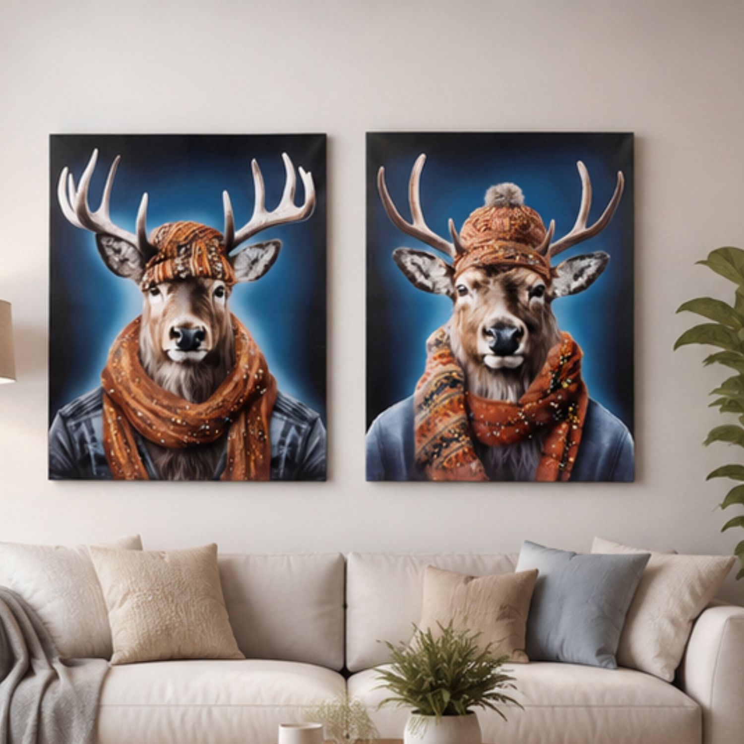 Wohnzimmer mit Sofa und zwei Bildern von Hirschen in Mützen und Schals an der Wand