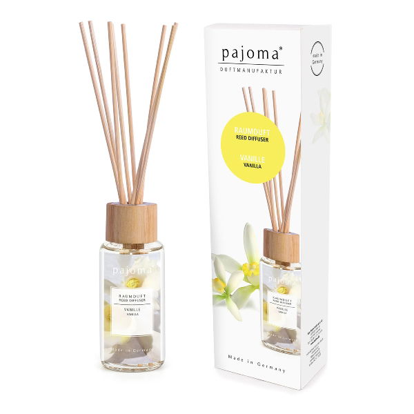 Raumdüfte in Glasflasche mit Holzverschluss und Rattanstäbchen, verpackt in einer weißen Schachtel mit floralem Design.