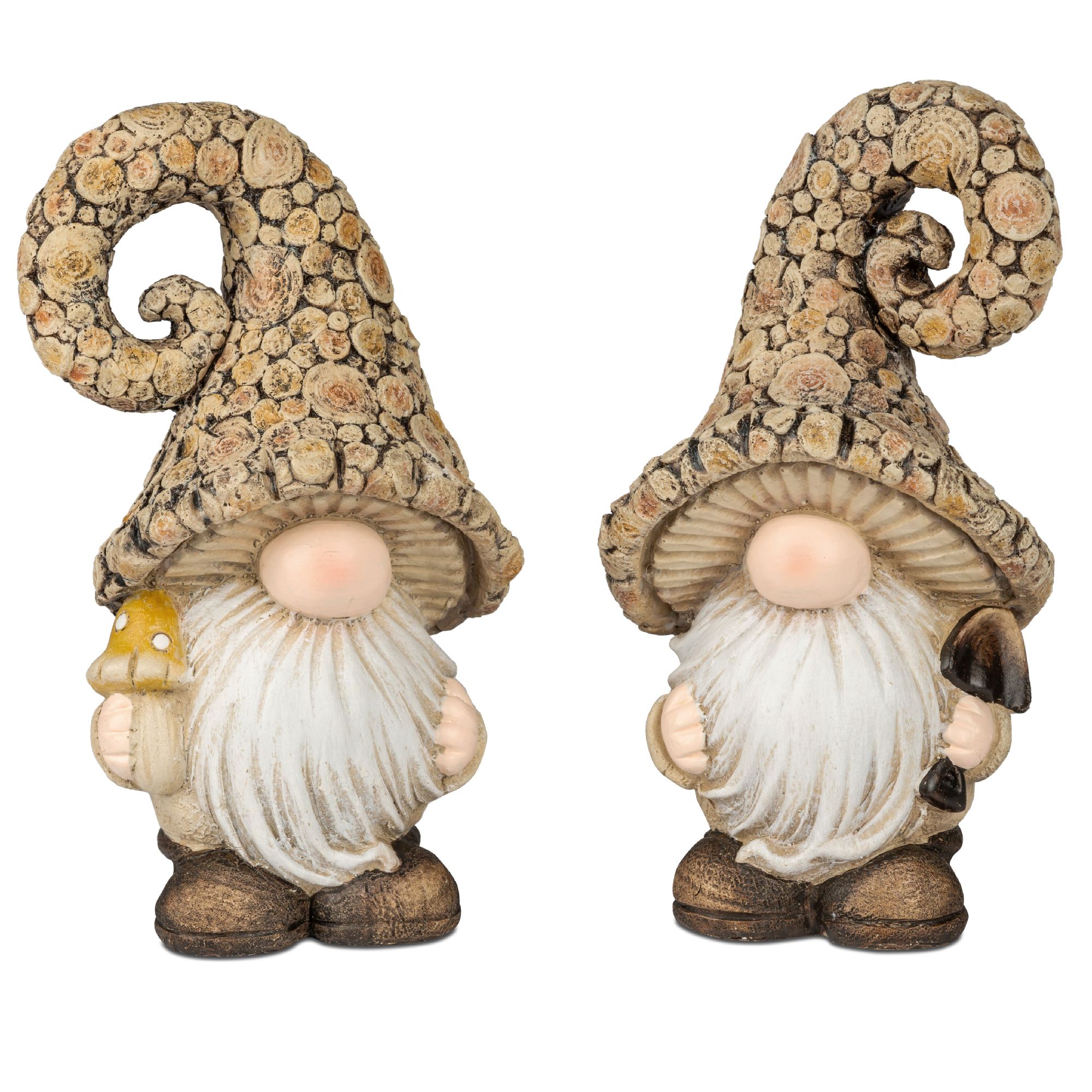 Zwei Gartenzwerge mit großen, spiralförmigen Hüten aus Holz. Einer hält einen Pilz, der andere eine
