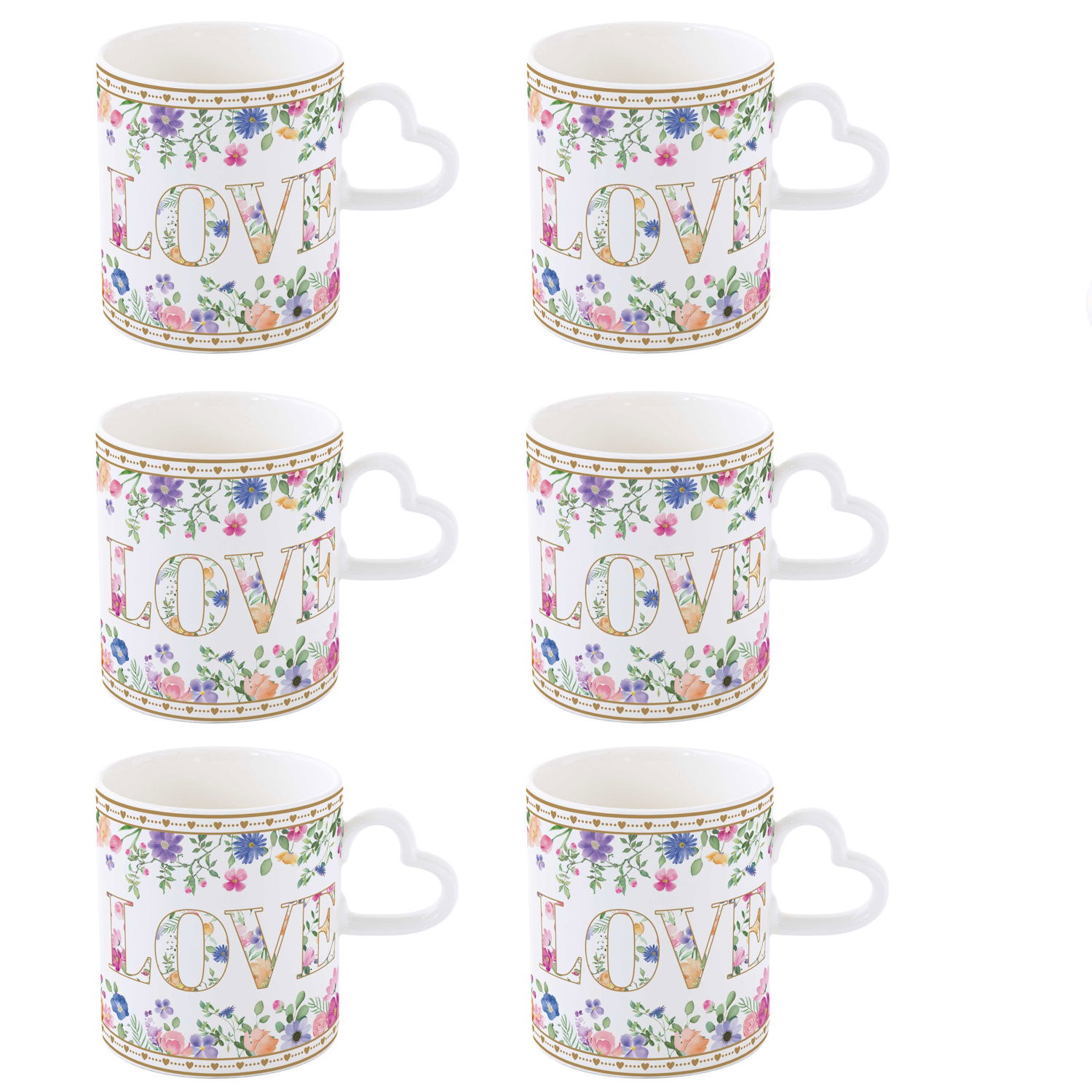 Sechs Tassen mit floralem Muster und dem Schriftzug "LOVE". Der Henkel jeder Tasse hat die Form eines Herzens.