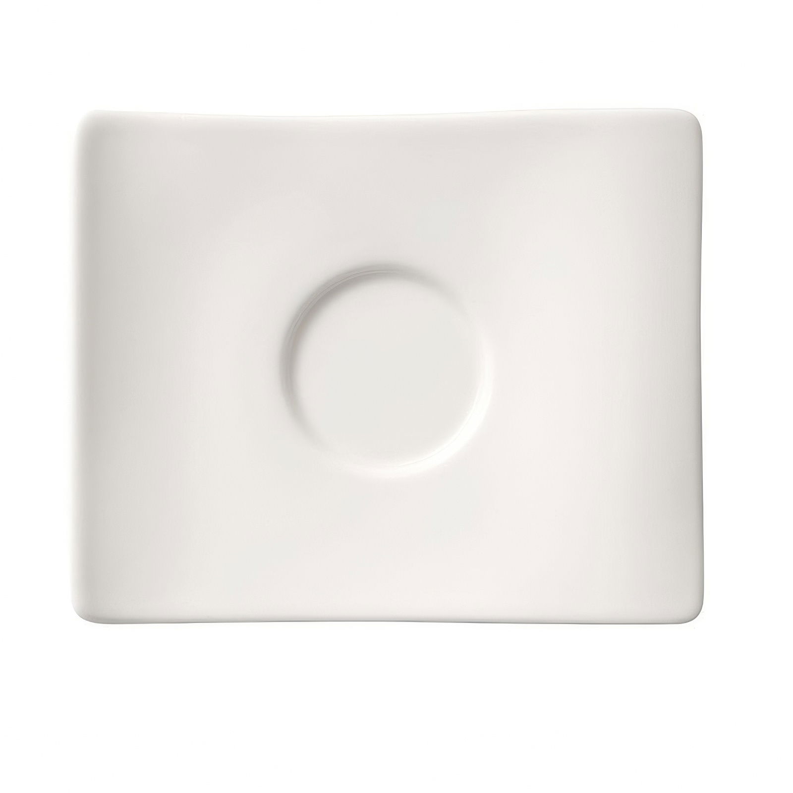 Rechteckiger, weißer Teller mit einer runden Vertiefung in der Mitte. Der Rand ist leicht abgerundet.