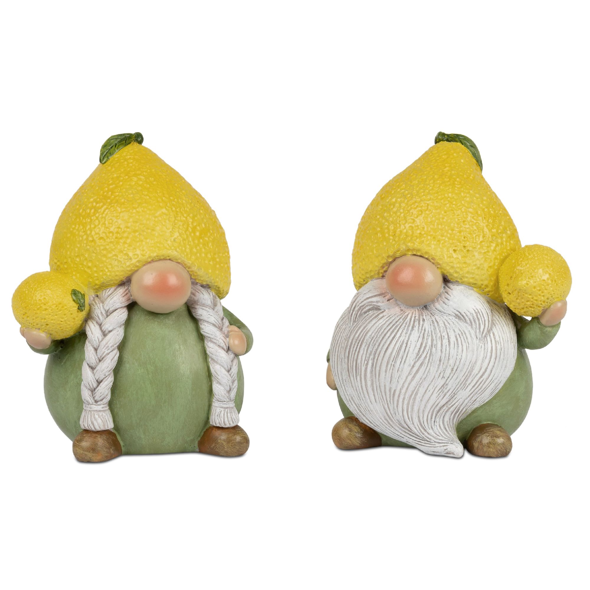 Zwei Figuren von Zwergen mit gelben Zitronenhüten, einer mit Zöpfen und einer mit einem weißen Bart,