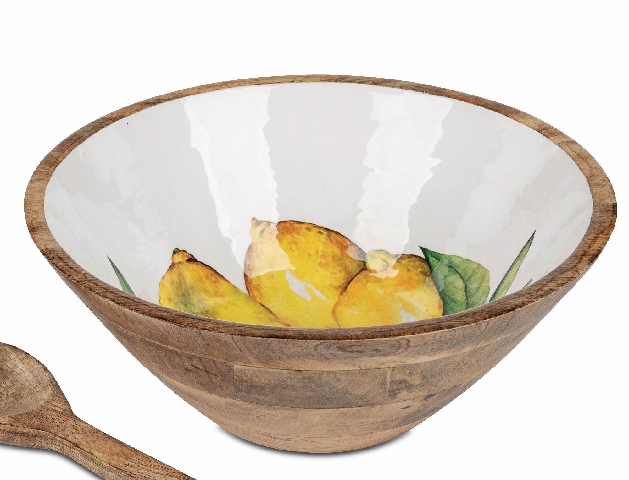 Holzschüssel mit buntem Zitronenmotiv im Inneren und einer Holzlöffel daneben. Schüssel hat eine run