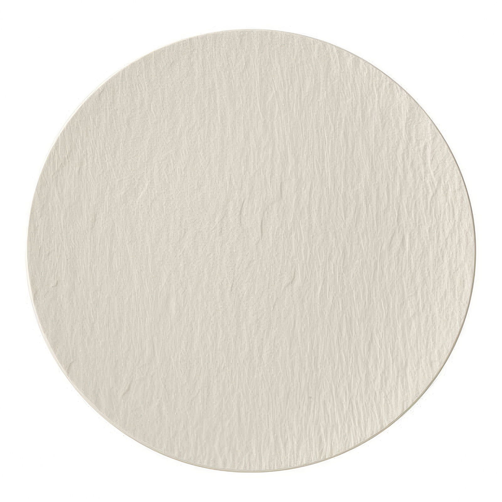 Runder, cremefarbener Untersetzer mit einer strukturierten Oberfläche.