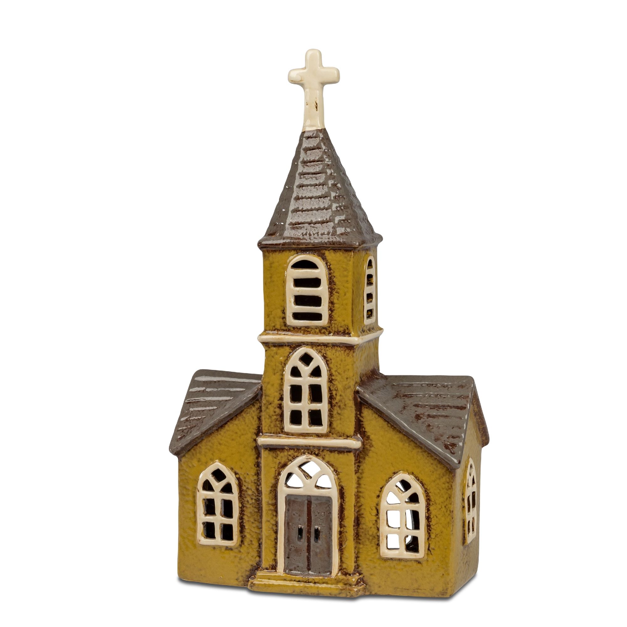 Eine kleine, gelbe Kirche aus Keramik mit einem spitzen Dach und einem Kreuz an der Spitze. Fenster und Türen sind sichtbar.
