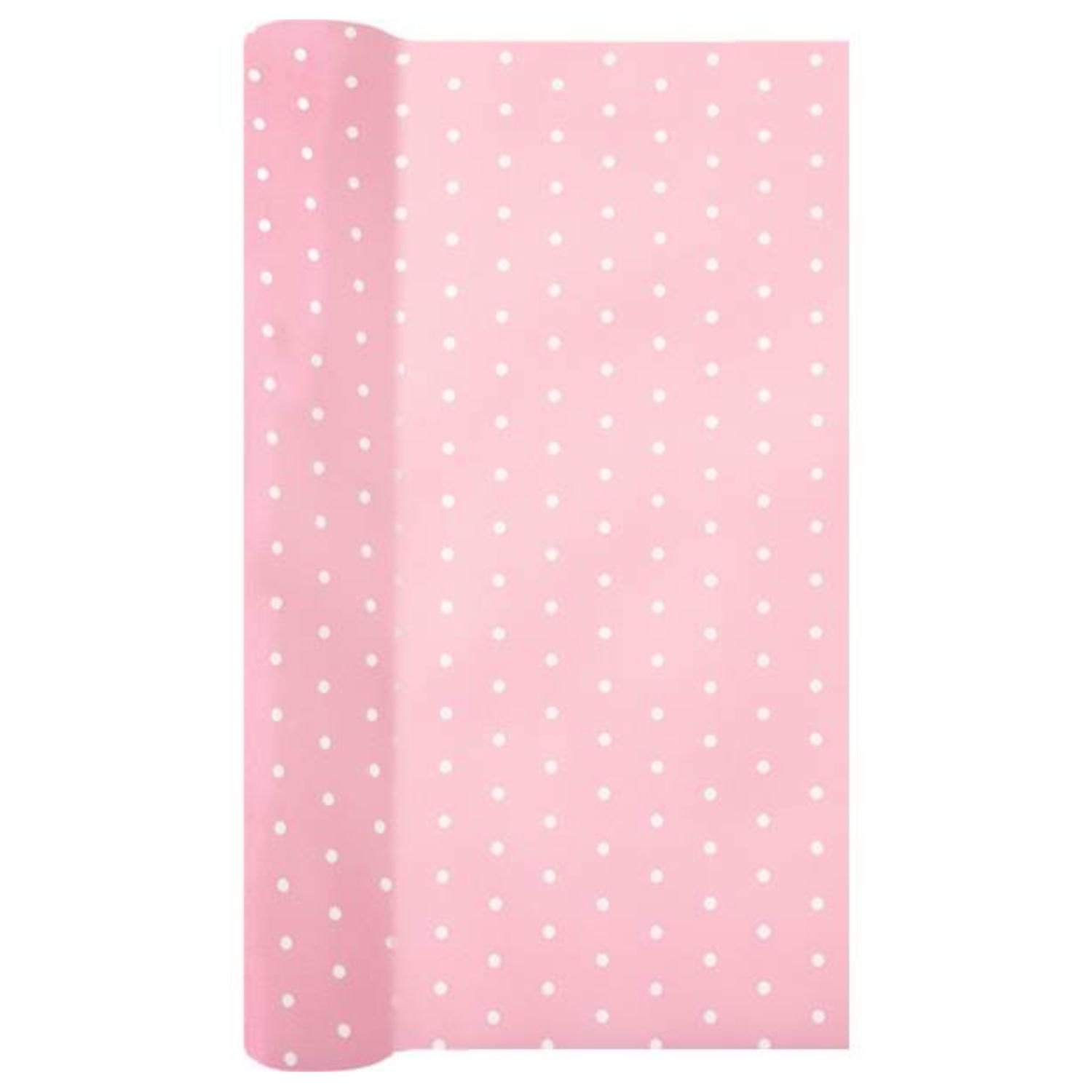 Rosa Geschenkpapier mit weißen Punkten, aufgerollt und teilweise entfaltet.