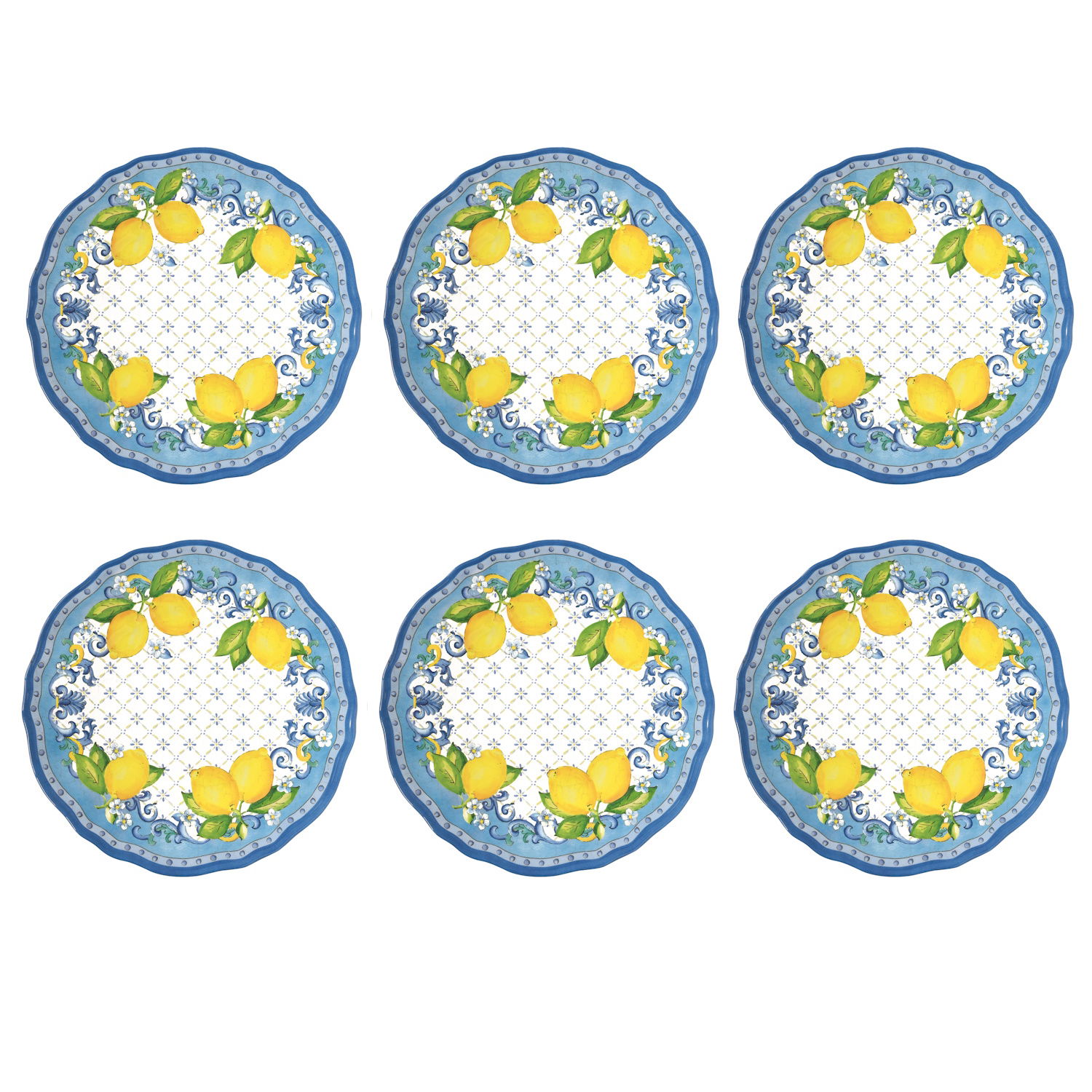 6er Set Speiseteller SORRENTO Zitronen,Durchmesser 28cm weiß blau gelb Melamin von EASY LIFE