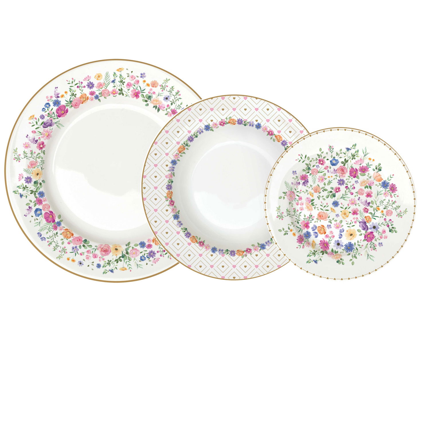 Drei Teller in verschiedenen Größen, verziert mit bunten Blumenmustern und goldenen Rändern.