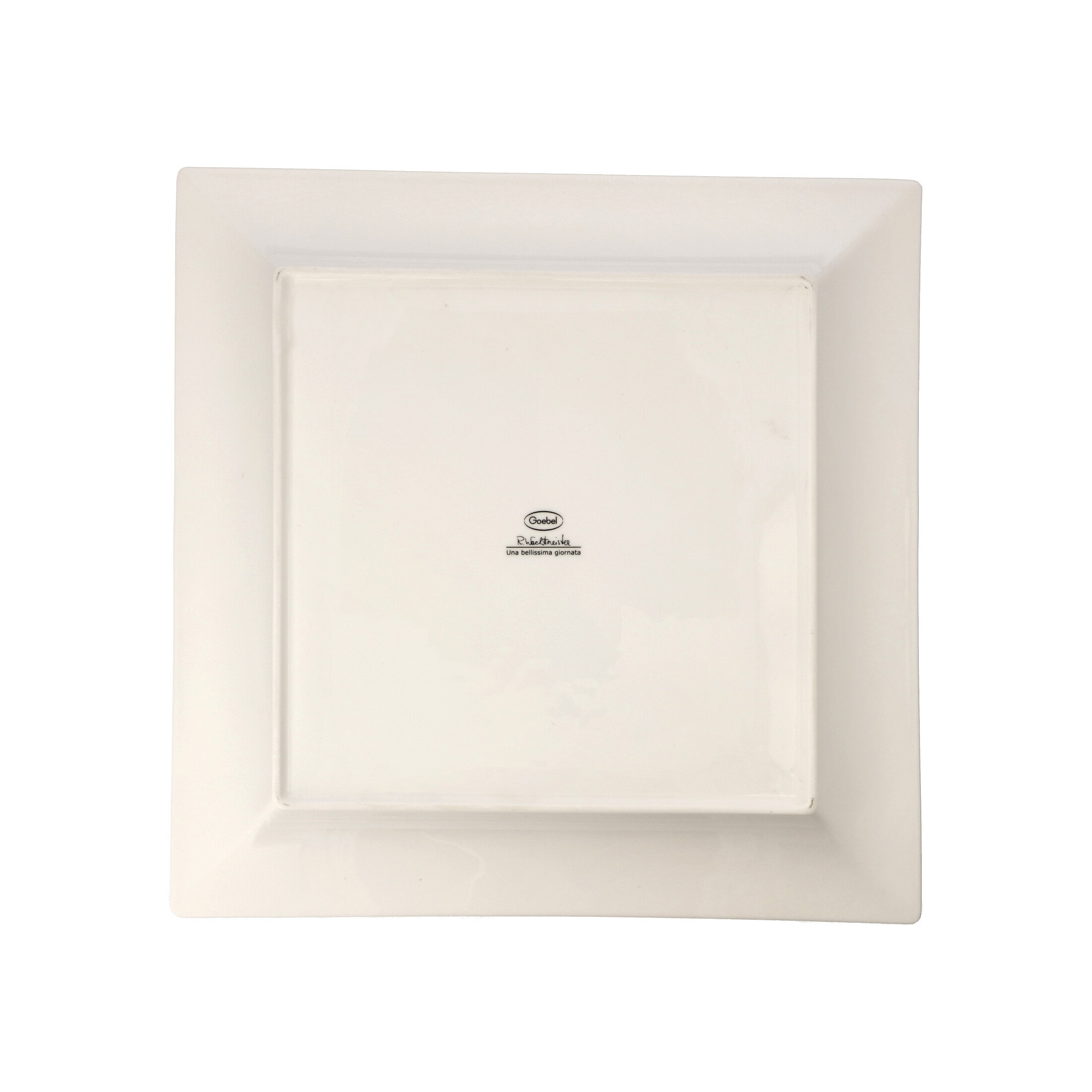 Weißer, quadratischer Teller mit leicht abgerundeten Ecken und einem Logo in der Mitte. Der Teller hat eine glänzende Oberfläche.