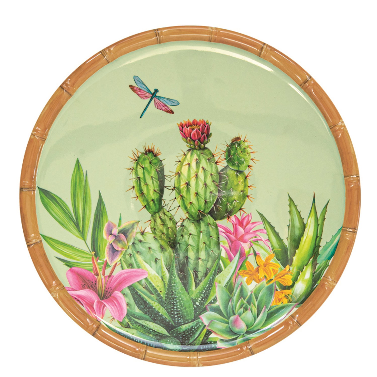 Runder Teller mit Kaktusmotiven, bunten Blumen und einer Libelle auf grünem Hintergrund, umrandet vo