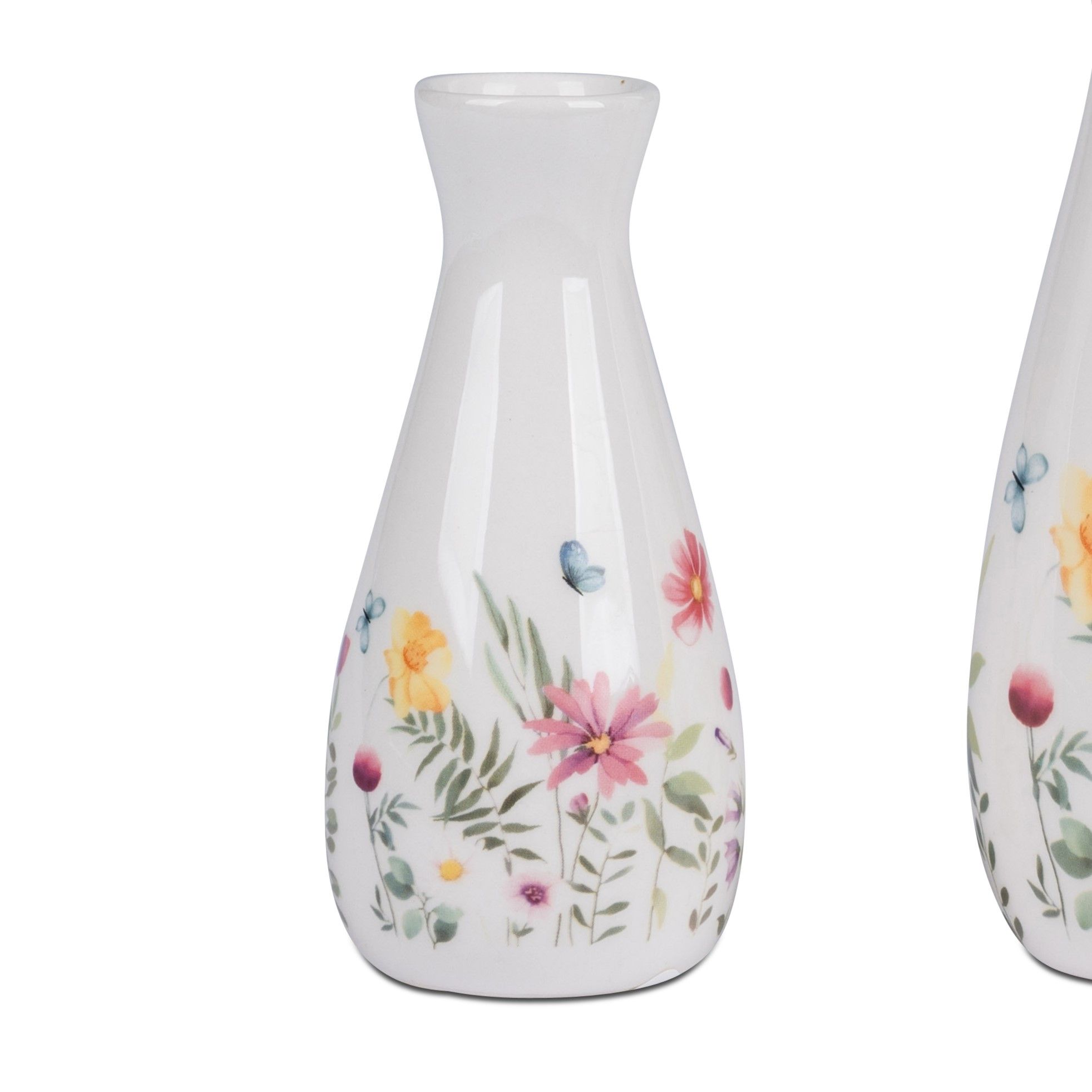 Zwei weiße Vasen mit bunten Blumen- und Blattmotiven in verschiedenen Farben. Die Vasen haben eine s