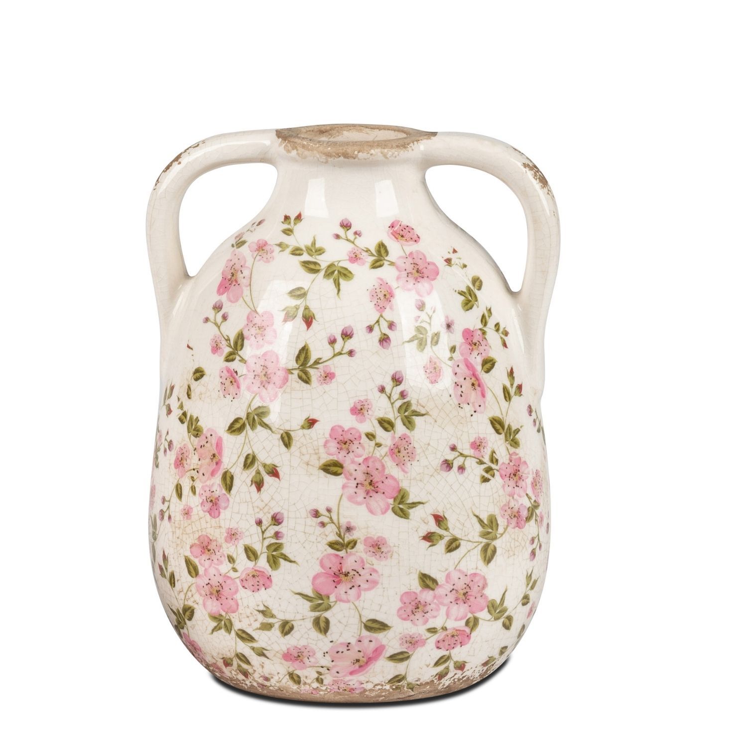 Weiße Keramikvase mit zwei Henkeln, verziert mit rosa Blumen und grünen Blättern