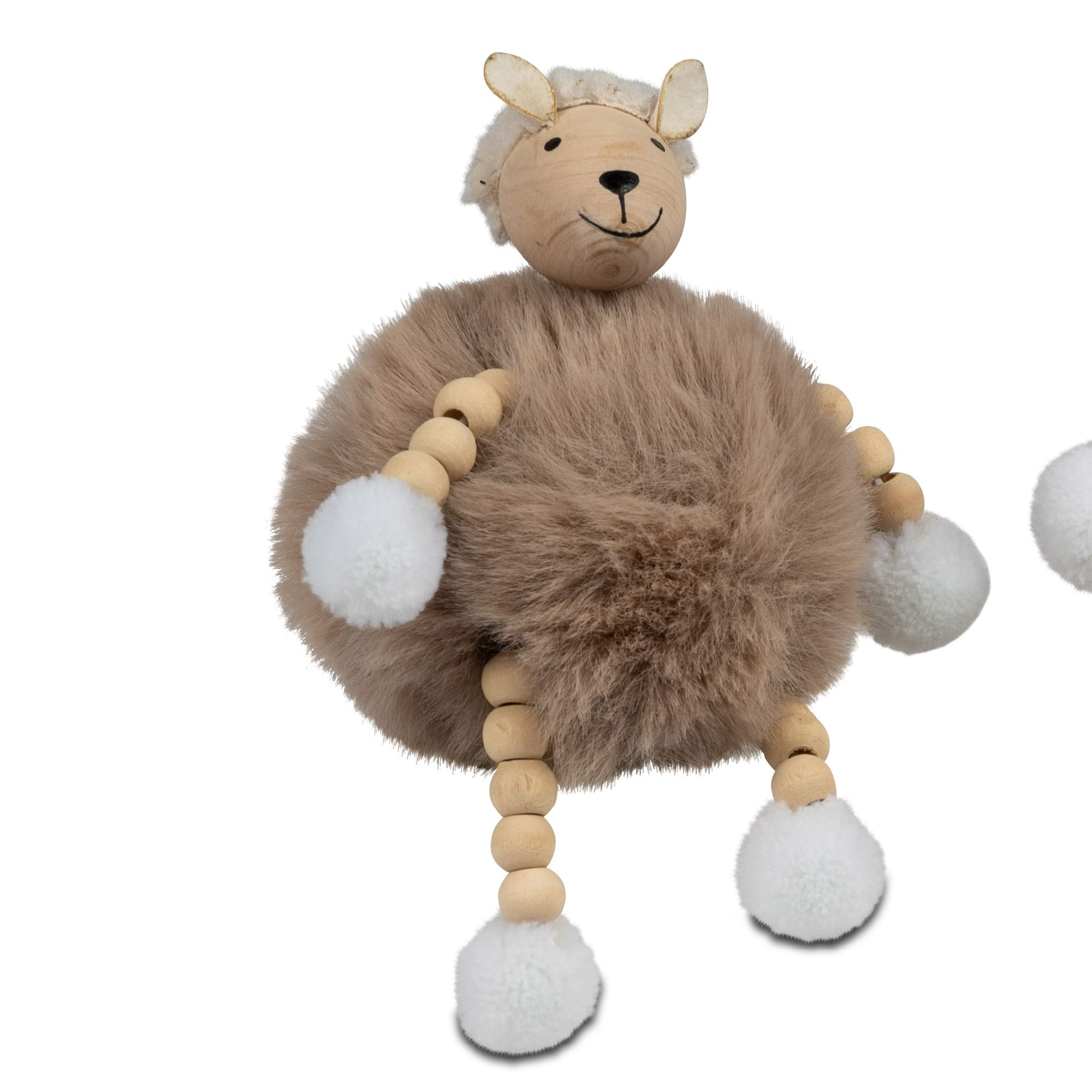 Ein plüschiges Schaf mit Holzgesicht und -ohren, runden Beinen aus Holzperlen und weißen Pompons als