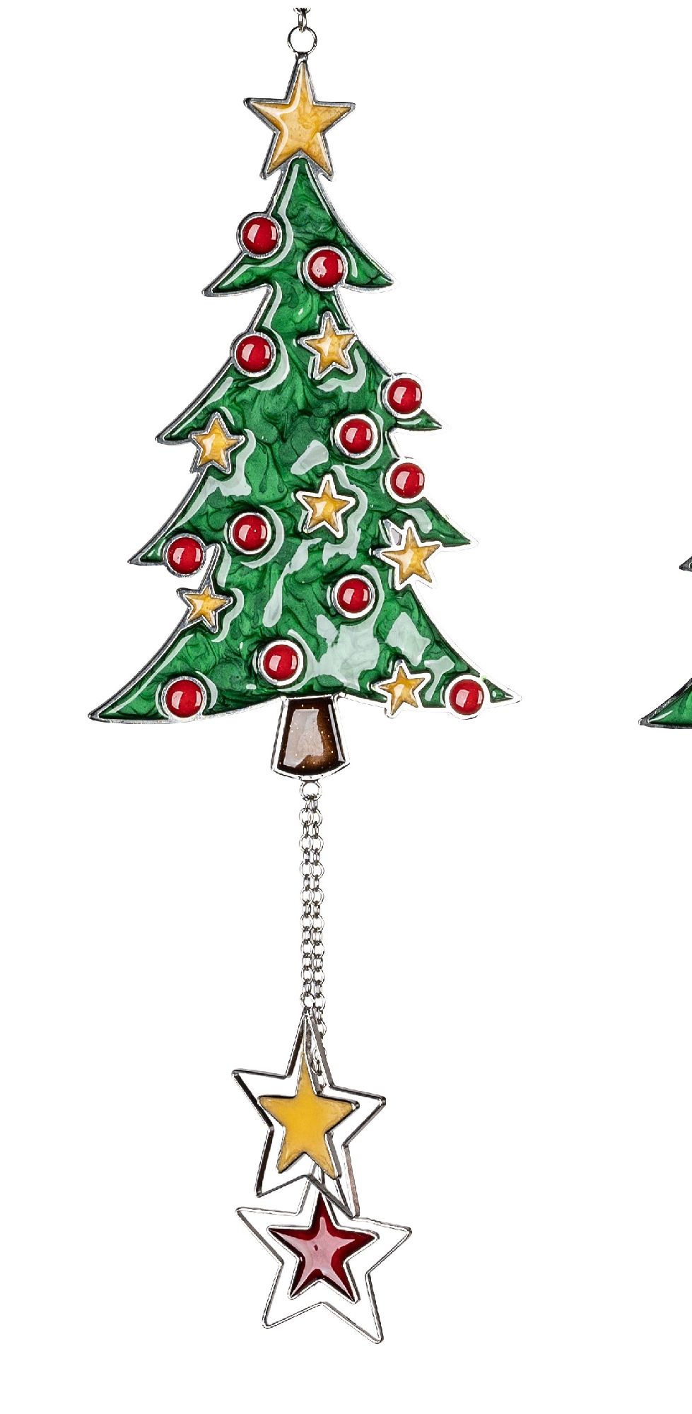 Bunter Weihnachtsbaum mit roten Kugeln und goldenen Sternen, darunter hängen zwei Sterne in Gelb und