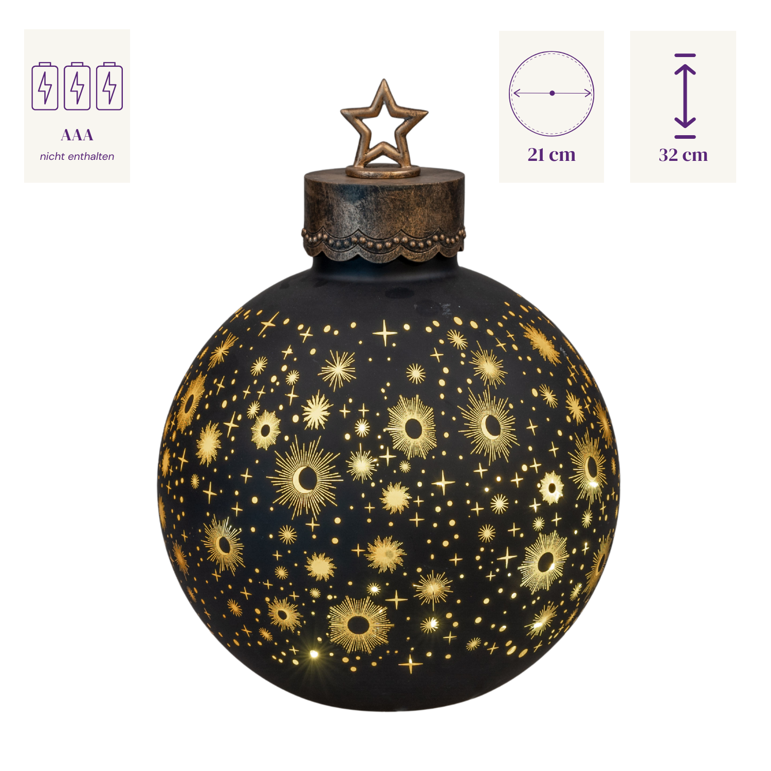 schwarze Dekokugel mit goldenen Sternen und aufgesetztem Stern