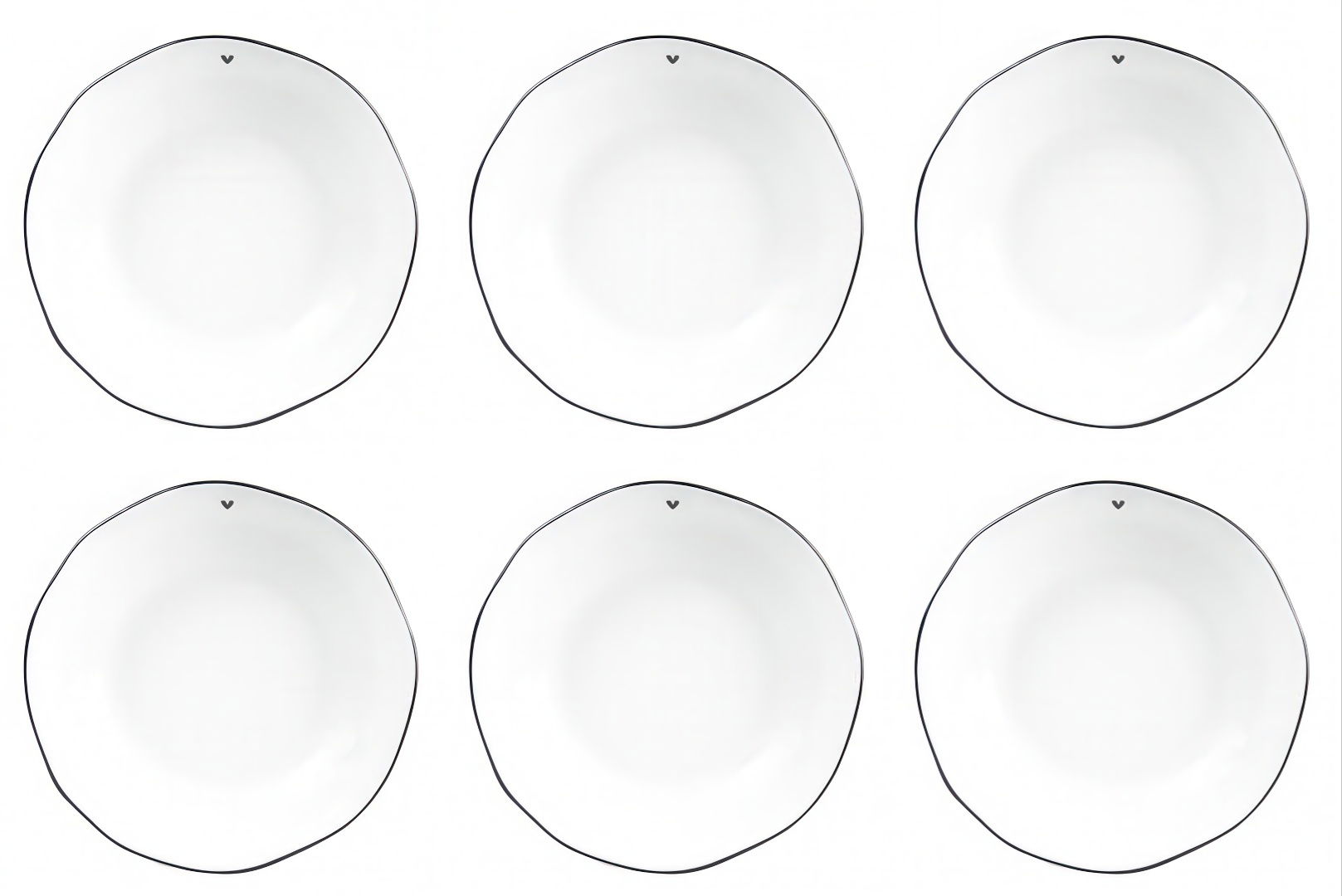 Sechs weiße Teller mit schwarzem Rand, gleichmäßig angeordnet auf hellem Hintergrund.