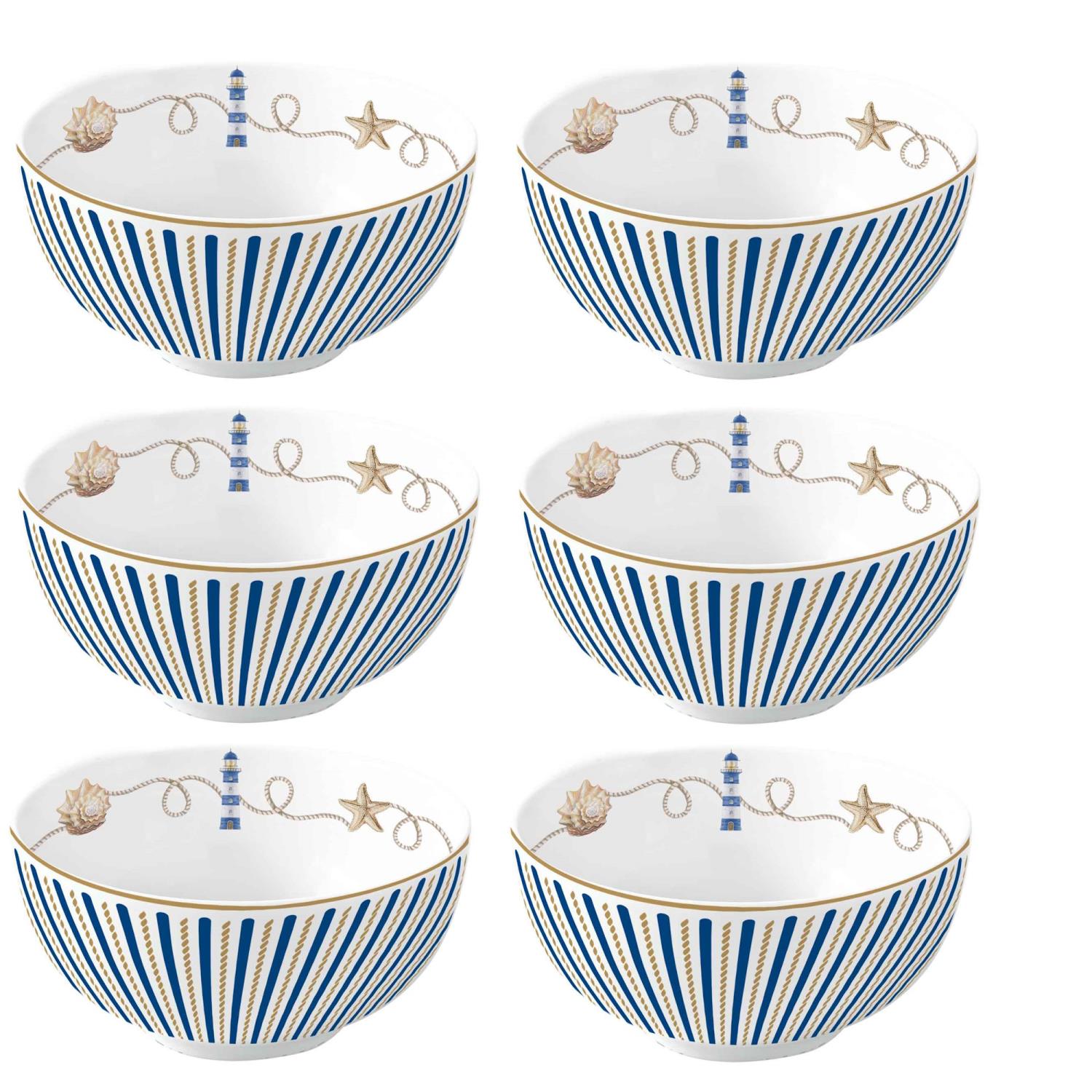 Sechs Schalen mit blauen und weißen Streifen, verziert mit einem Leuchtturm, Seesternen und Muscheln.