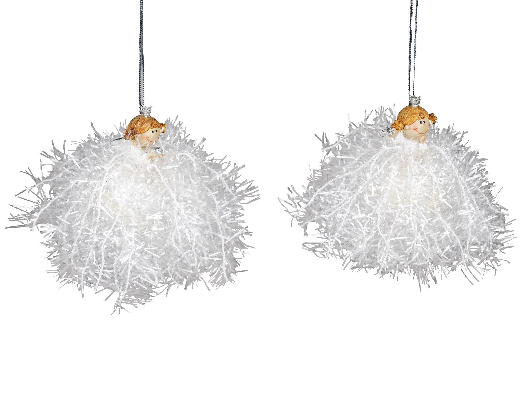 Zwei hängende Dekorationen in Form von Engeln mit weißen, fülligen Röcken aus Kunstmaterial und klei