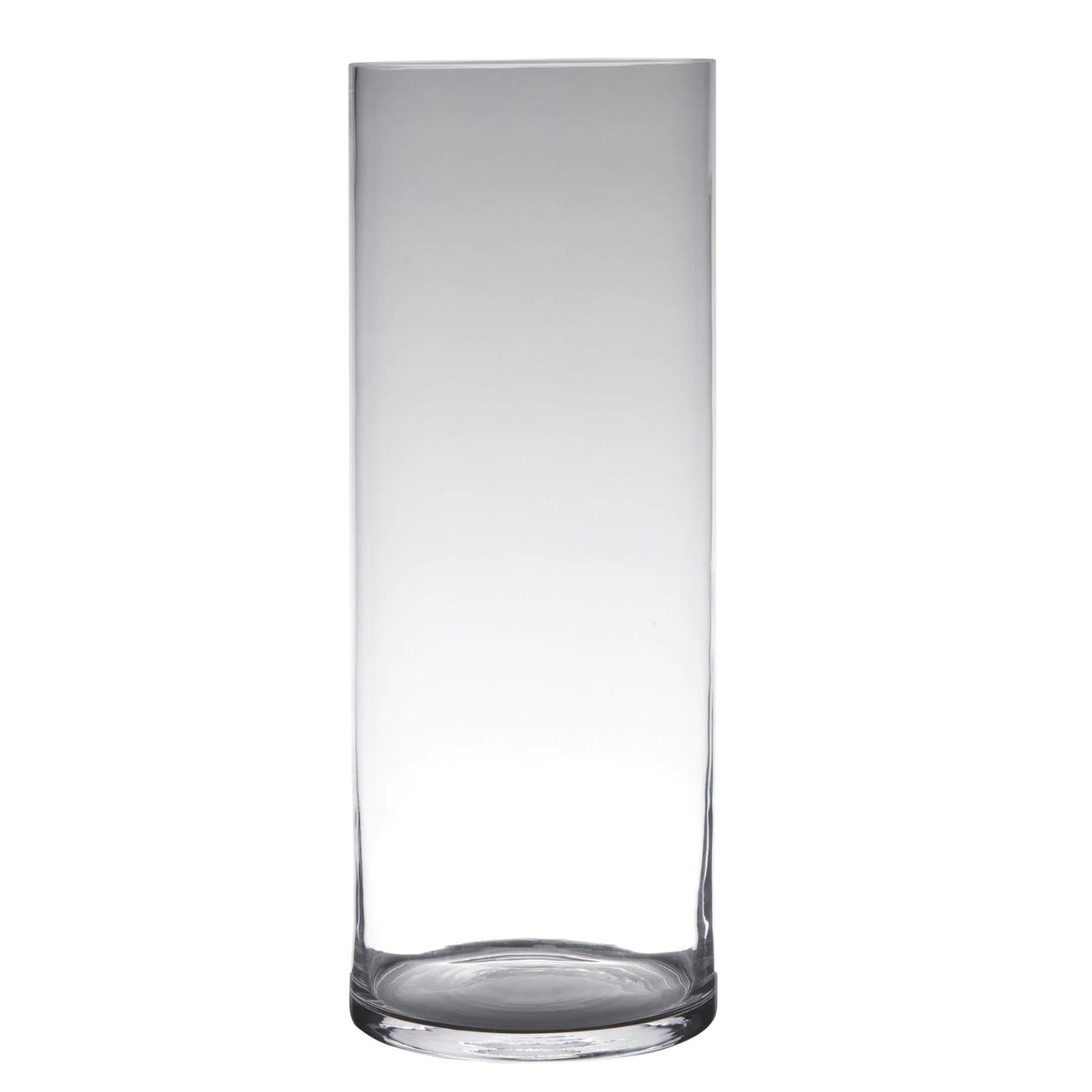 Hoher, transparenter Glasbehälter mit geraden Wänden und einem flachen Boden.