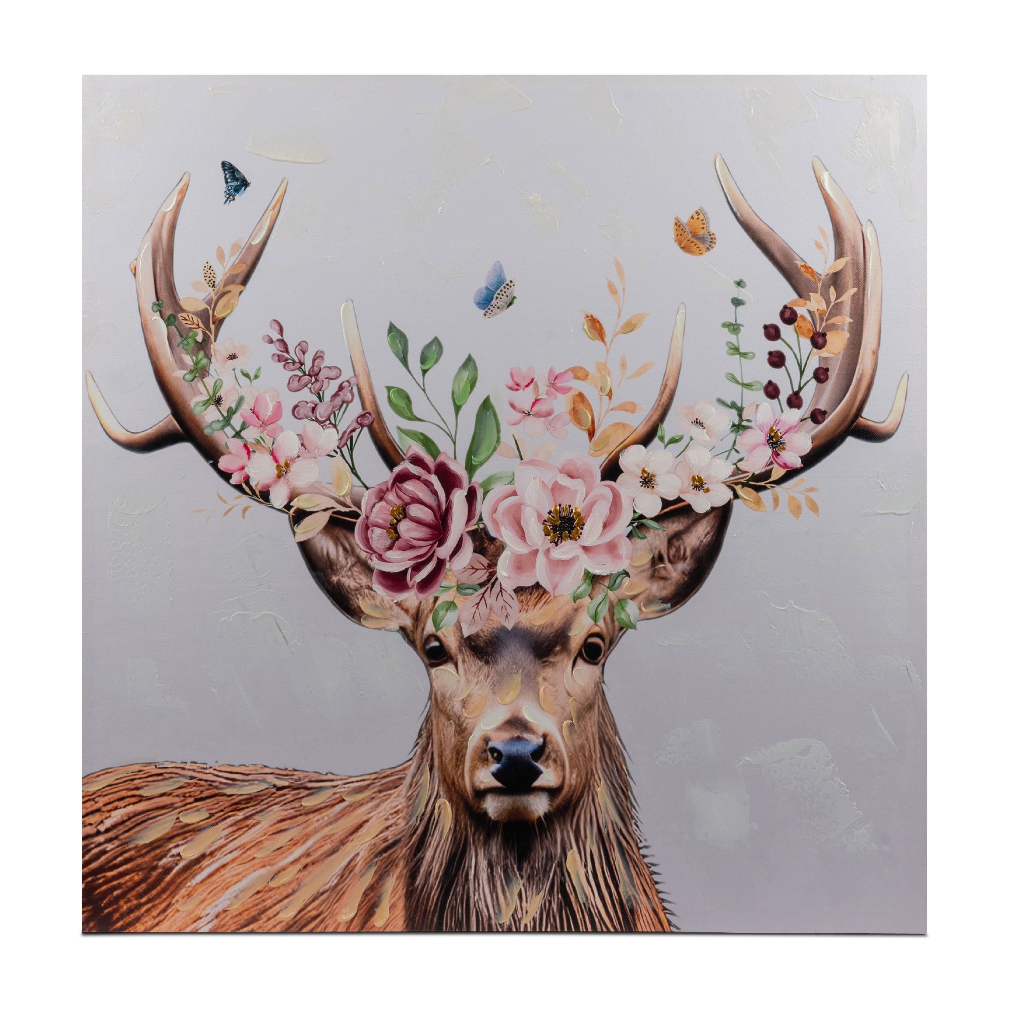 Ein Hirschkopf mit blühenden Pflanzen und Schmetterlingen auf einem hellen Hintergrund.