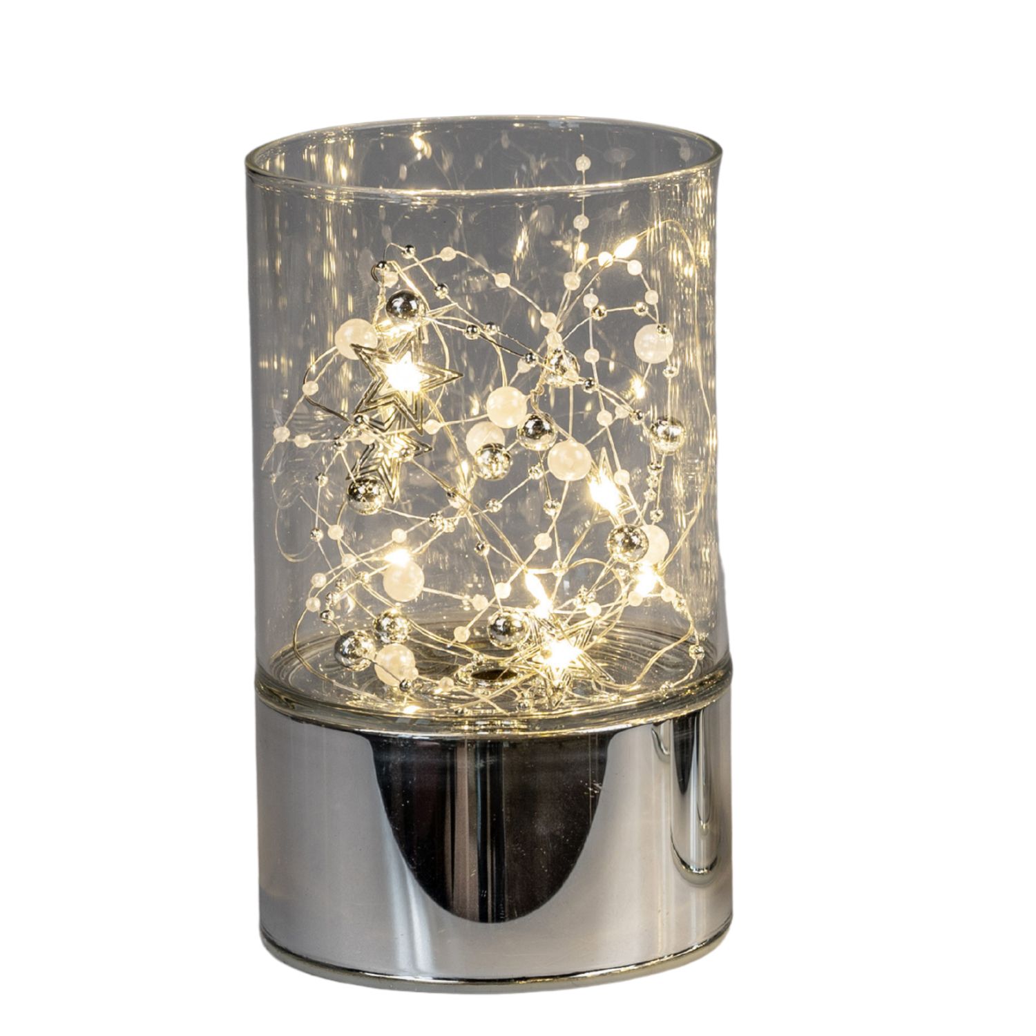 Glaszylinder mit warmweißer Lichterkette, Perlen und kleinen silbernen Sternen auf Sockel