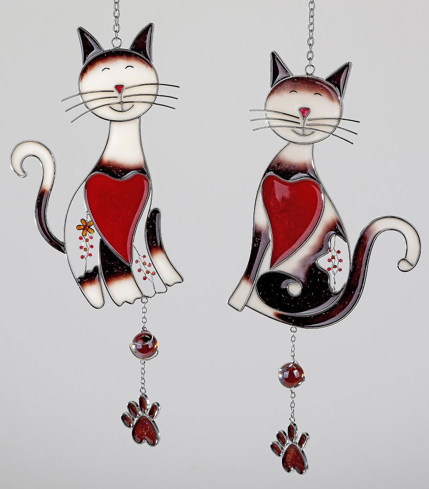 2er Set Tiffany Hänger, Fensterdeko KATZEN Höhe 38cm rot braun weiß von FORMANO