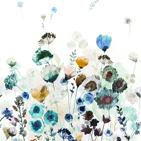 Aquarellillustration von bunten Blumen in verschiedenen Farben und Formen auf hellem Hintergrund.