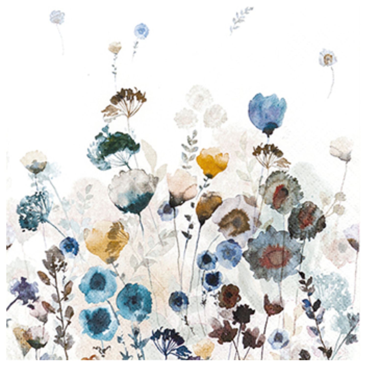 Aquarellillustration von bunten Blumen in verschiedenen Farben und Formen auf hellem Hintergrund.